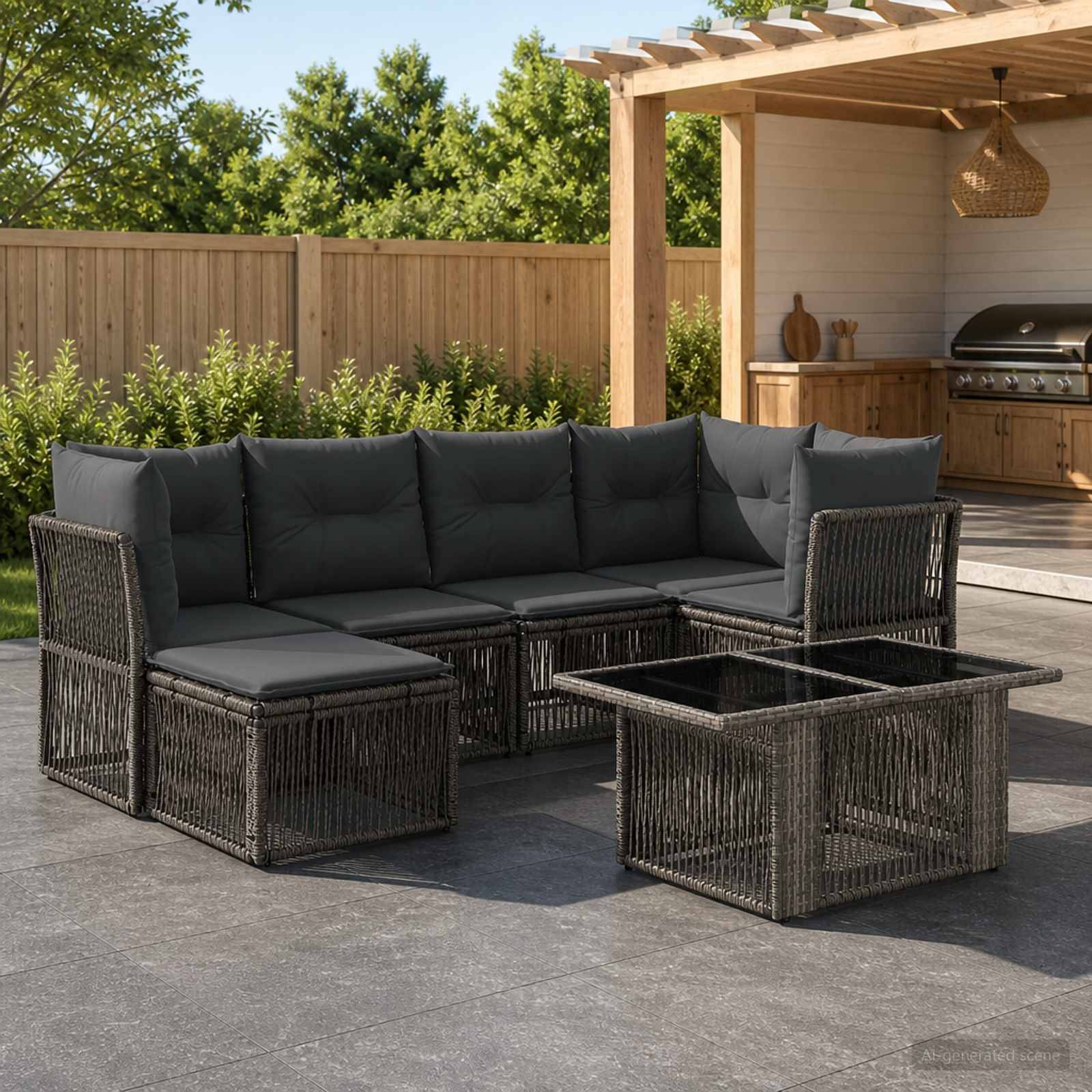 Outdoor-Terrassensitzgarnitur mit dunklem Polyrattan-Ecksofa, Hocker und Glastisch auf einer modernen Terrasse im Hinterhof.