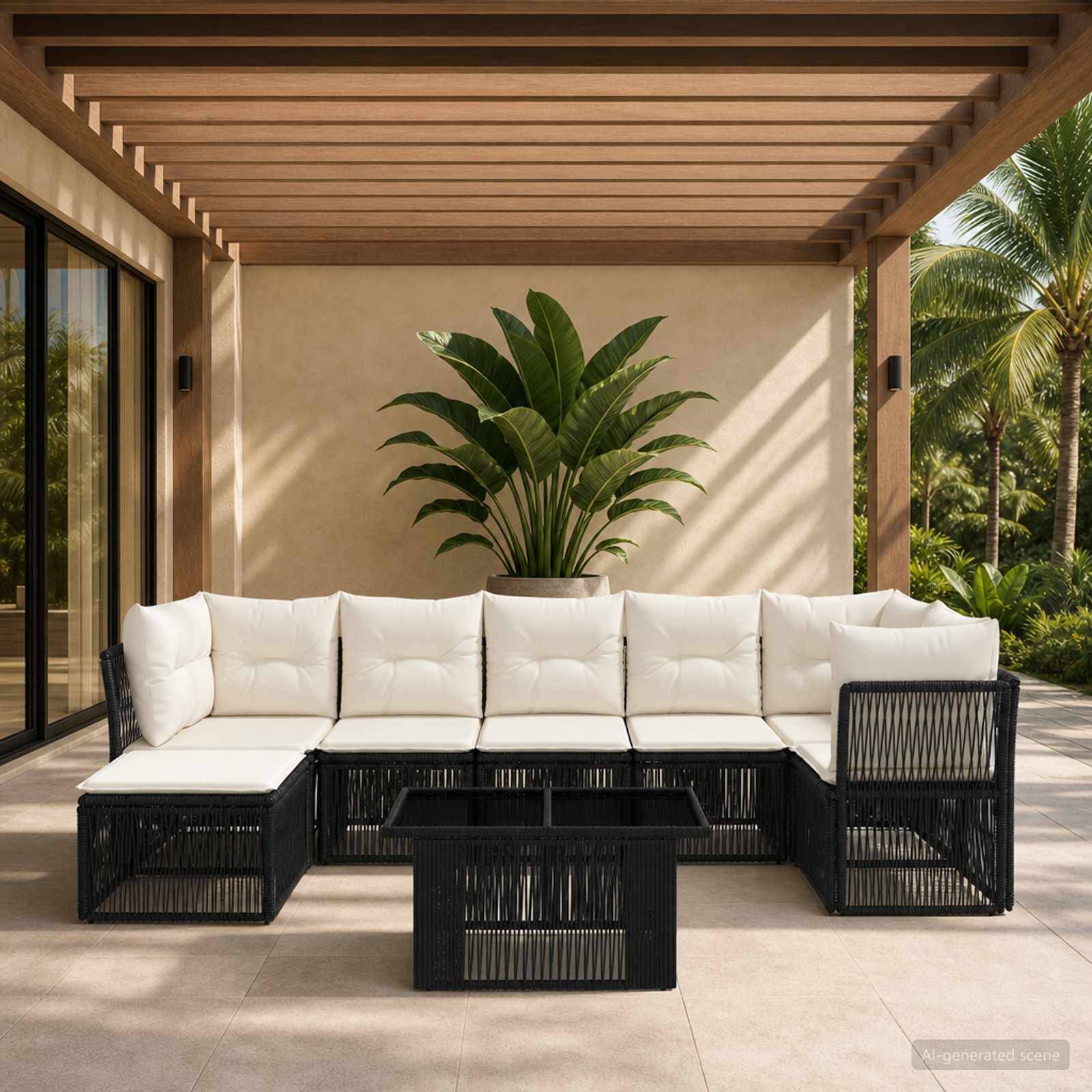 Moderne Außenterrasse mit einem weißen Ecksofa, schwarzen geflochtenen Tischen und einer großen Topfpflanze unter einer lamellenbedachten Pergola.
