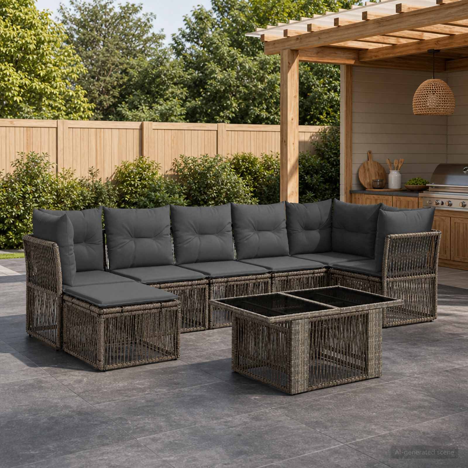 Gartenmöbel-Set für die Terrasse mit Polyrattan-Ecksofa, Couchtisch und grauen Kissen unter einer Pergola im Hinterhofgarten.