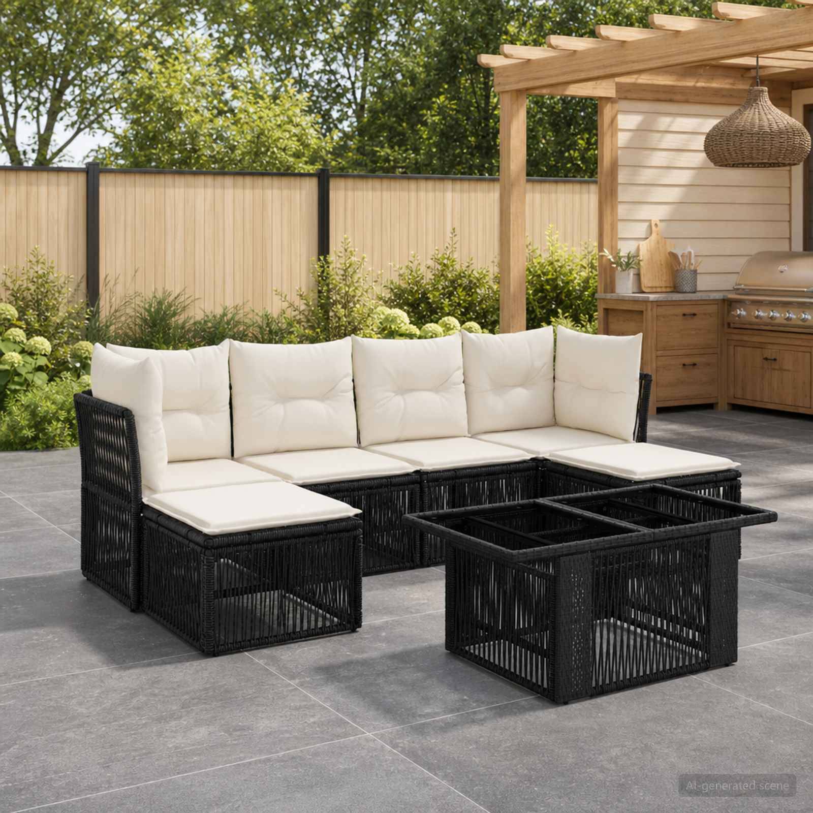 Gartenmöbel-Set für die Terrasse mit schwarzem Polyrattan-Ecksofa und cremefarbenen Kissen, zusätzlich passende Couchtische in einem Sitzbereich im Hinterhof.