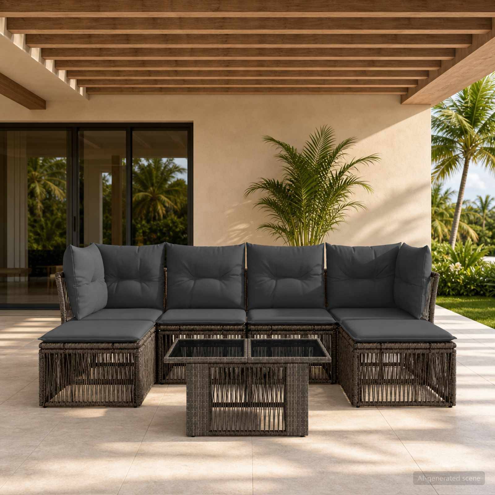 Außenbereich mit Terrassenmöbeln bestehend aus einem dunklen Rattan-Sitzelement und einem Glastisch unter einer Pergola, umrahmt von tropischen Pflanzen und einer Glasschiebetür.