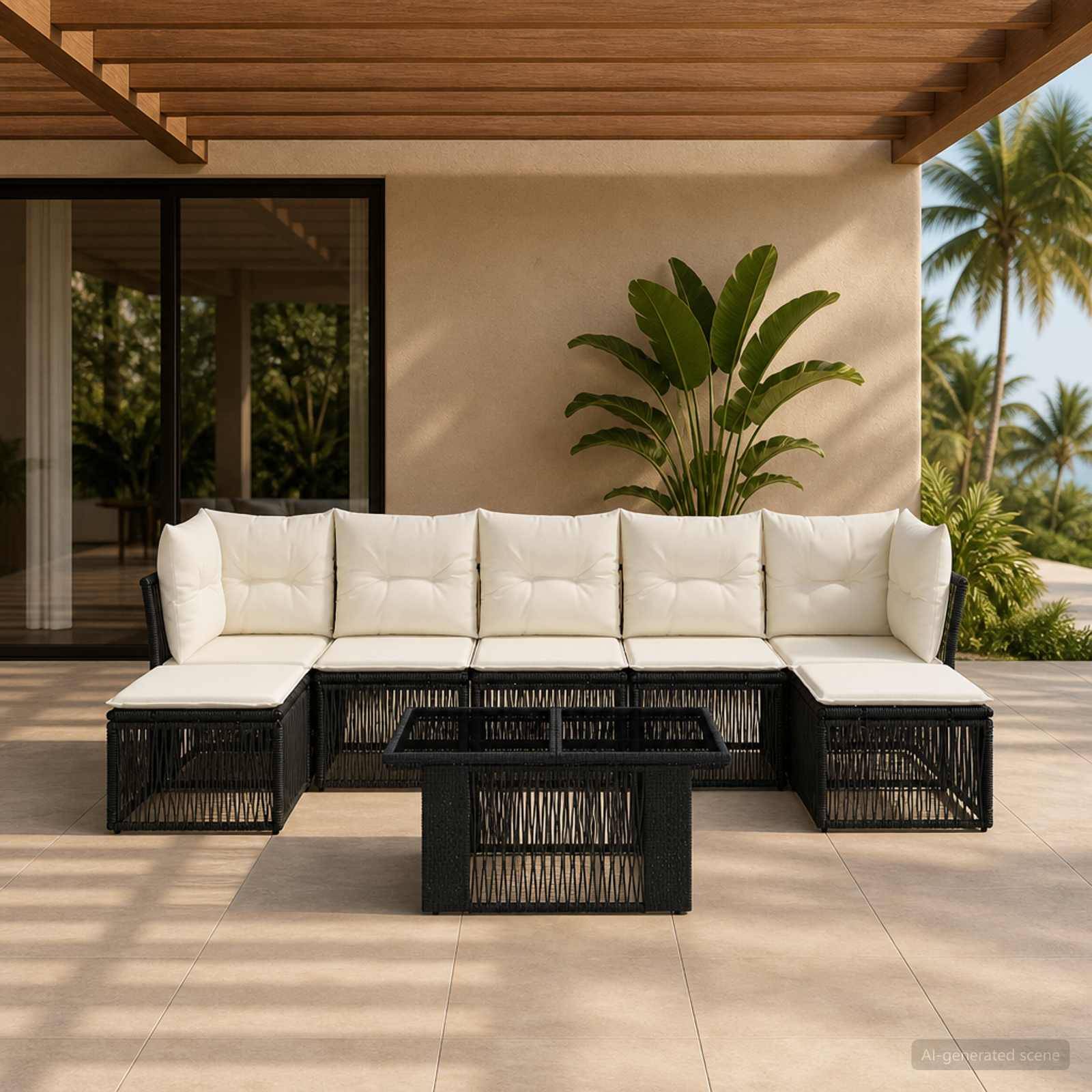 Outdoor-Terrasse mit einem schwarzen Rattan-Ecksofa und Couchtisch, weißen Kissen, unter einer überdachten Veranda mit tropischen Pflanzen und Palmen.