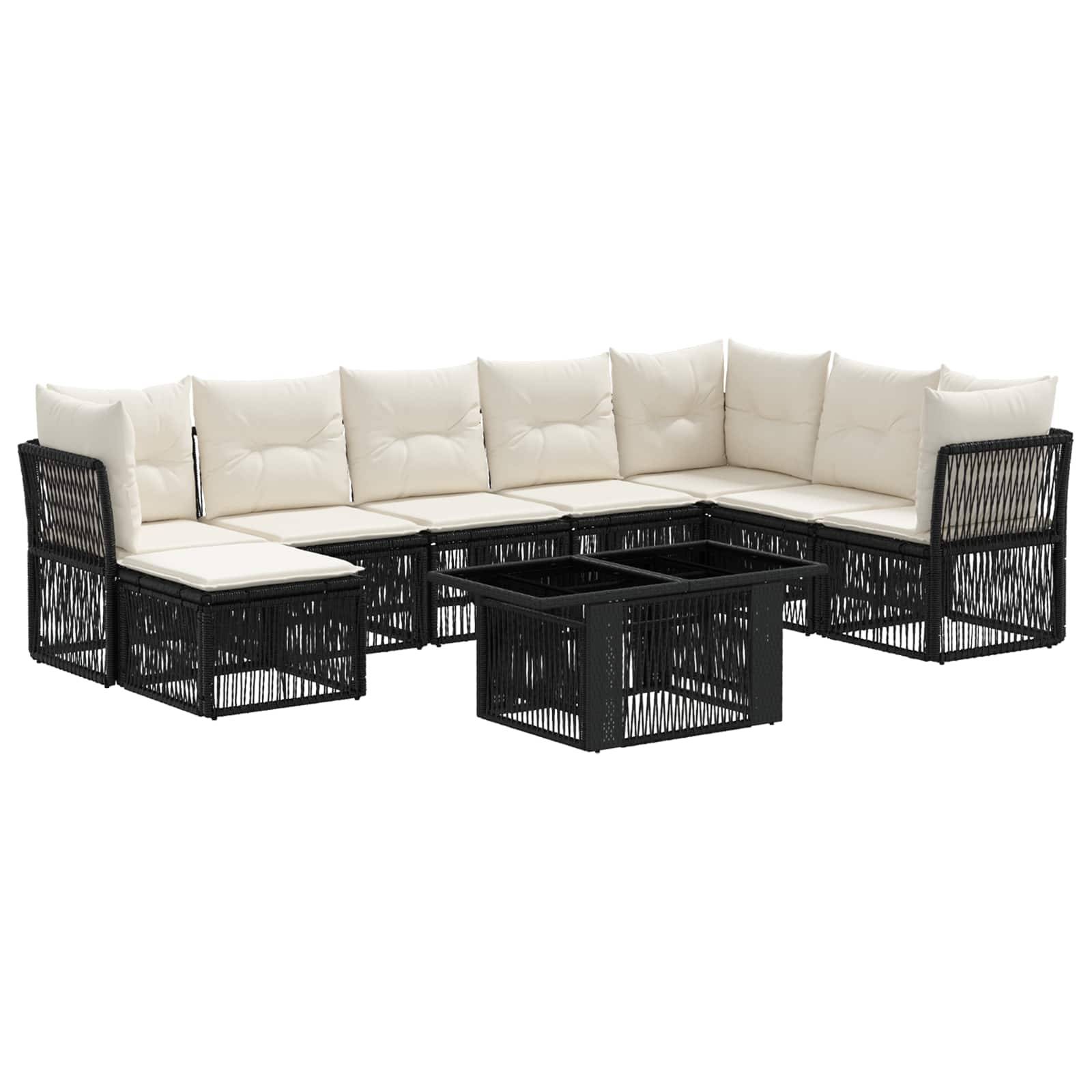 Modernes schwarzes Polyrattan L-förmiges Patio-Ecksofa mit cremefarbenen Kissen und passendem Couchtisch auf weißem Hintergrund.