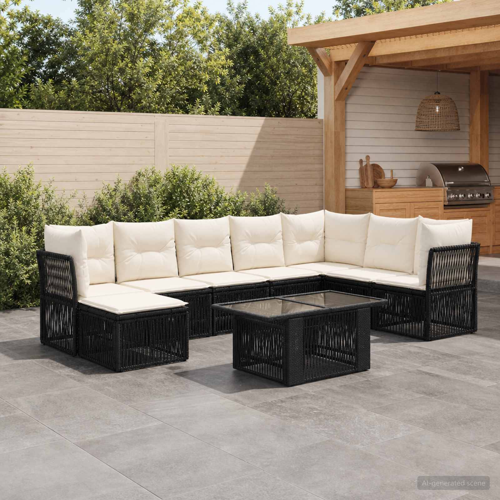 Gartenlounge-Set mit schwarzem geflochtenem Sofa, cremefarbenen Kissen und Glastisch neben einer Außenbar im Hinterhof.