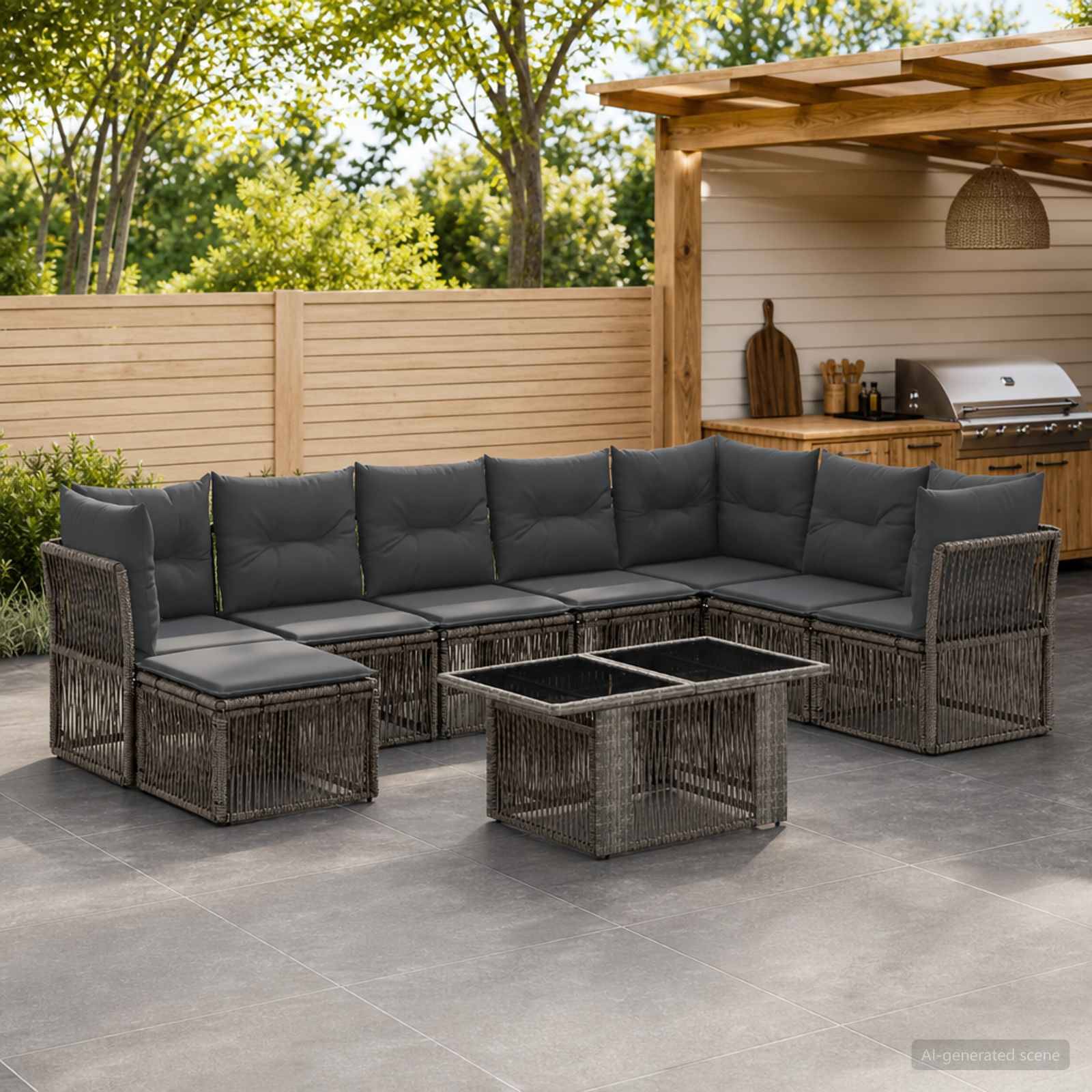 Outdoor-Terrassenmöbelset mit grauem Lounge-Polyrattan-Sofa, Ottomane und Couchtisch auf einer gepflasterten Terrasse im Hinterhof in der Nähe einer Grillstation und eines Holzzauns.