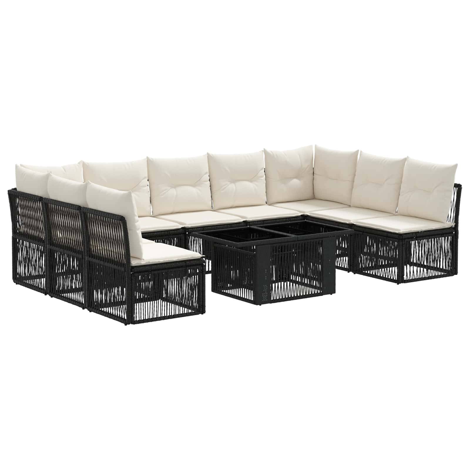 Schwarzes Rattan-L-förmiges Outdoor-Ecksofa mit cremefarbenen Kissen und integriertem quadratischen Couchtisch, auf weißem Hintergrund dargestellt.