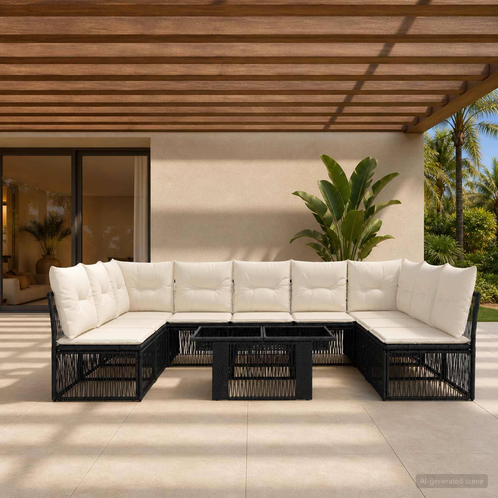 Outdoor-Patio mit einer U-förmigen weißen Polster-Sectional und schwarzer geflochtener Basis um einen niedrigen schwarzen Couchtisch unter einer lamellenbespannten Pergola.