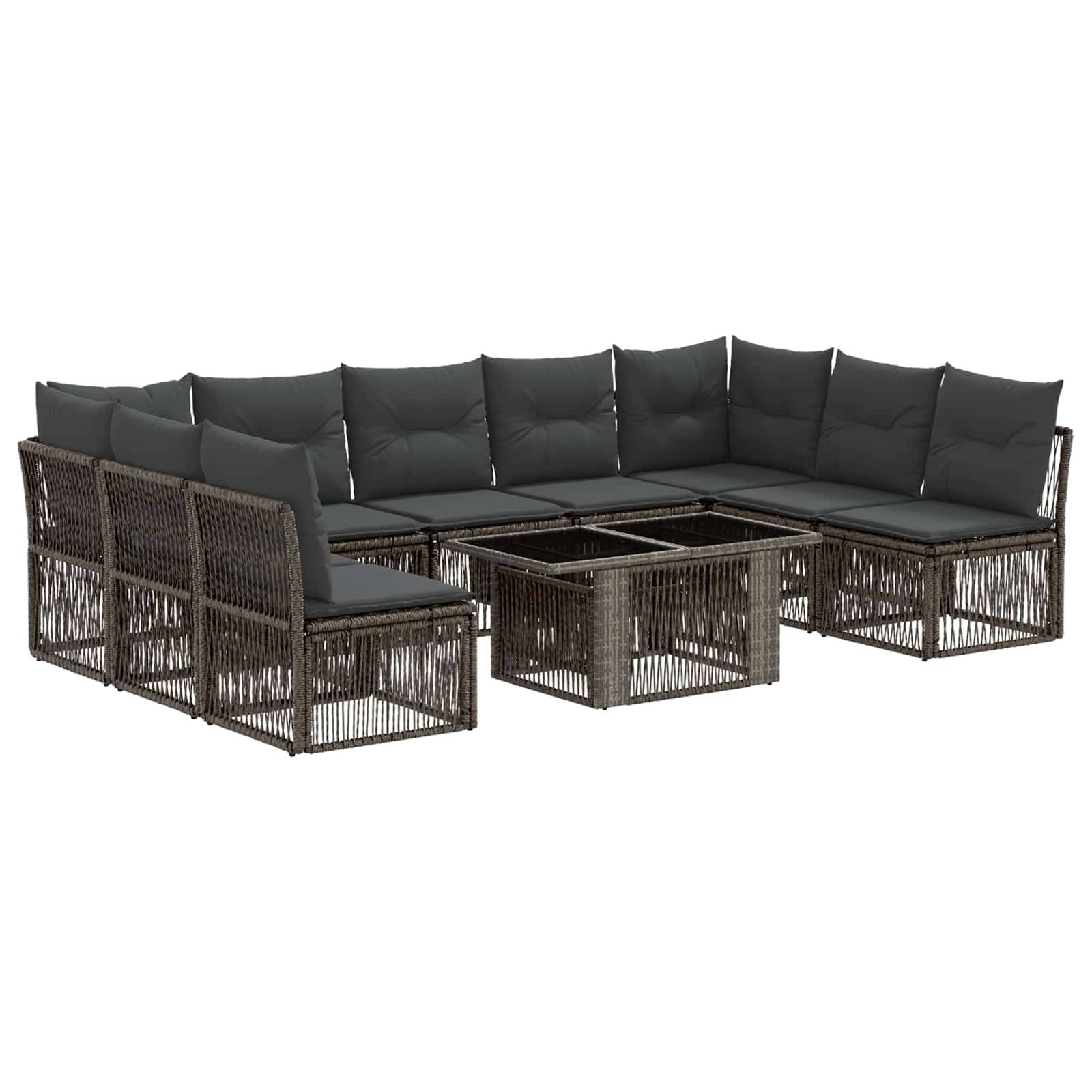 Outdoor-Sitzmöbel-Set mit dunklem Rattanrahmen, grauen Kissen und einem niedrigen quadratischen Couchtisch auf weißem Hintergrund.