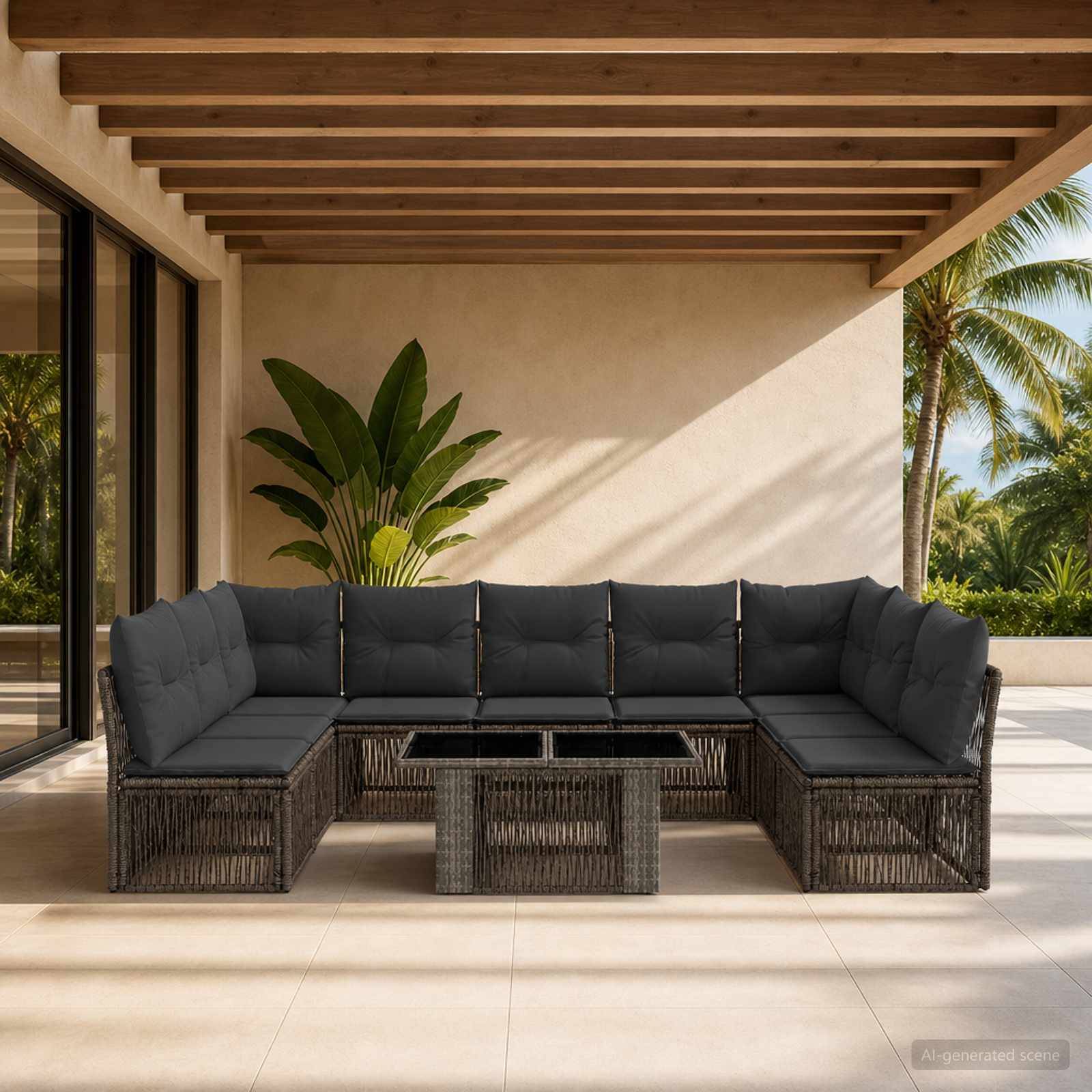 Außenbereich mit Terrassensitzbereich mit dunkelm Rattansofa in Sechs-Teil-Form um einen Glastisch, unter einer Pergola mit Holzbalken mit Palmen im Hintergrund.