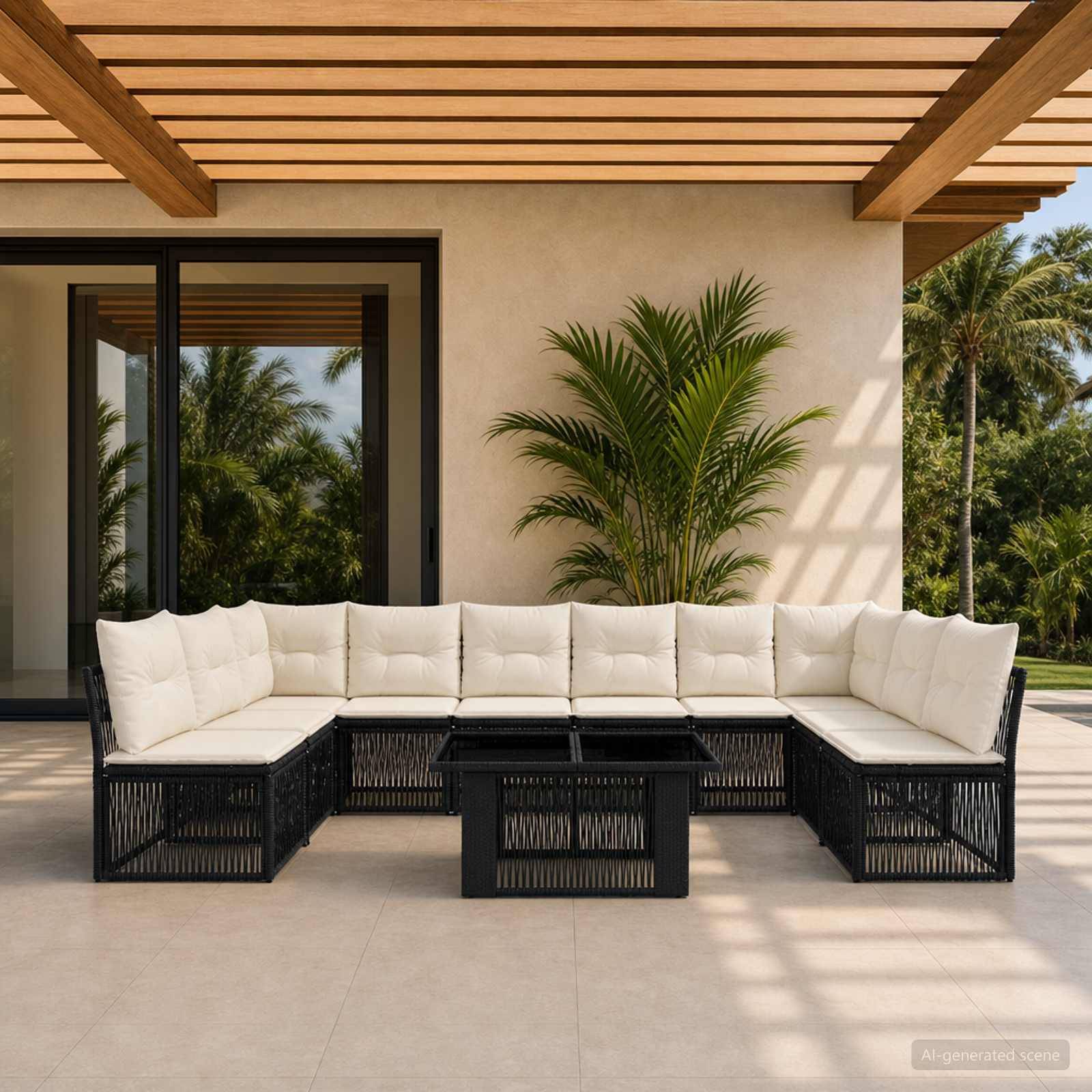 Außenbereich mit schwarzem Rattanecksofa, Glaskaffeetisch und Topfpalme unter einer lamellenbespannten Pergola neben einem Haus.
