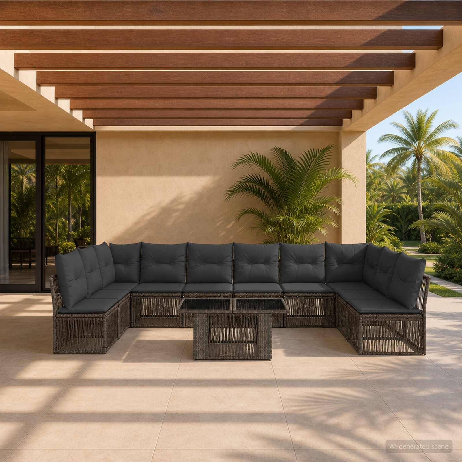 Außenterrasse mit dunklem Rattan-Ecksofa unter einer Holzpergola, neben einem tropischen Garten und Palmen.