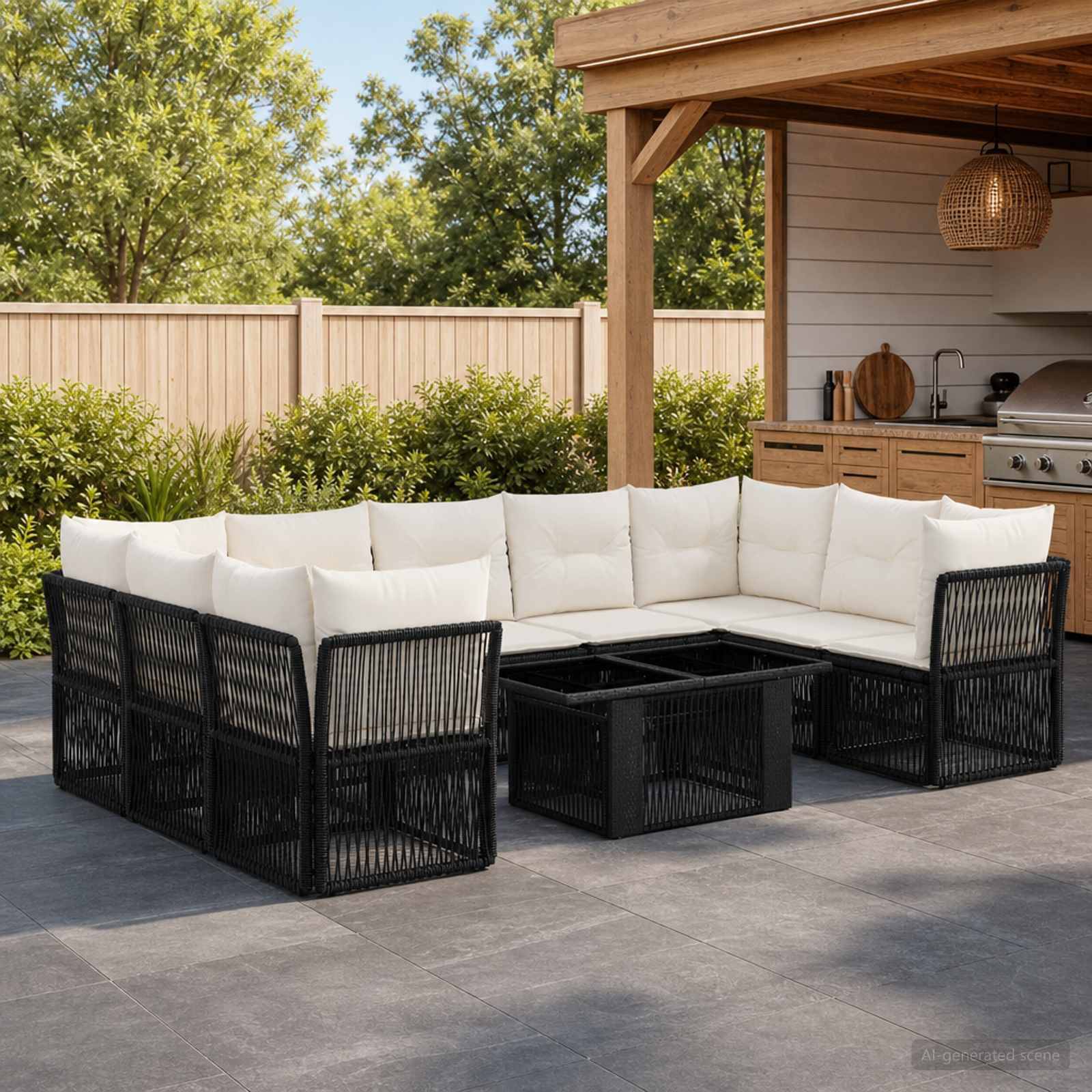 Schwarzes Korbgeflecht-Außensofa mit weißen Kissen, das um einen quadratischen Couchtisch auf einer Terrasse neben einer Außenküche angeordnet ist.