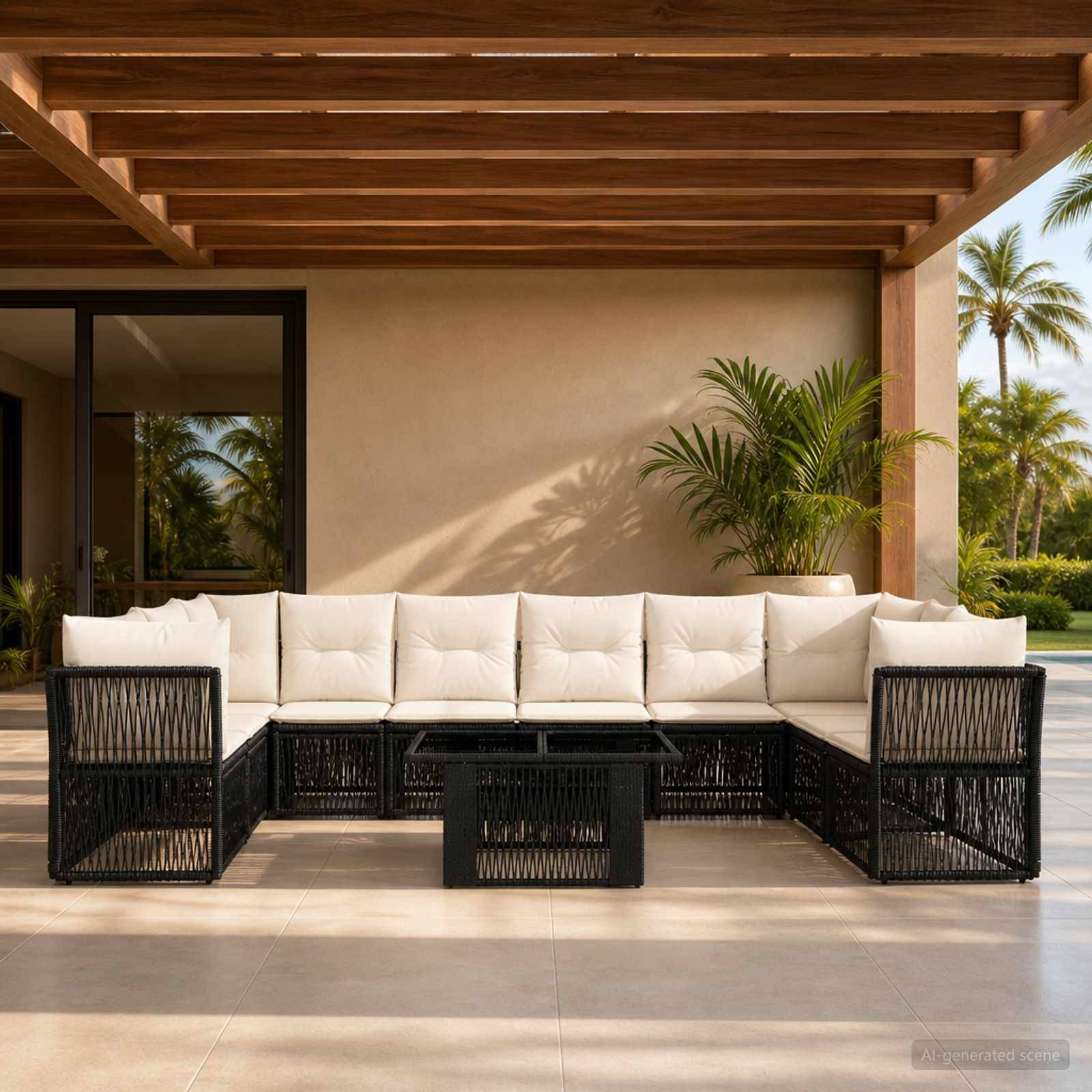 Moderner Außenbereich einer Terrasse mit einem weißen gepolsterten Ecksofa, schwarzen Rattanstühlen und Couchtisch unter einer Holzpergola, umgeben von tropischen Pflanzen und Palmen.
