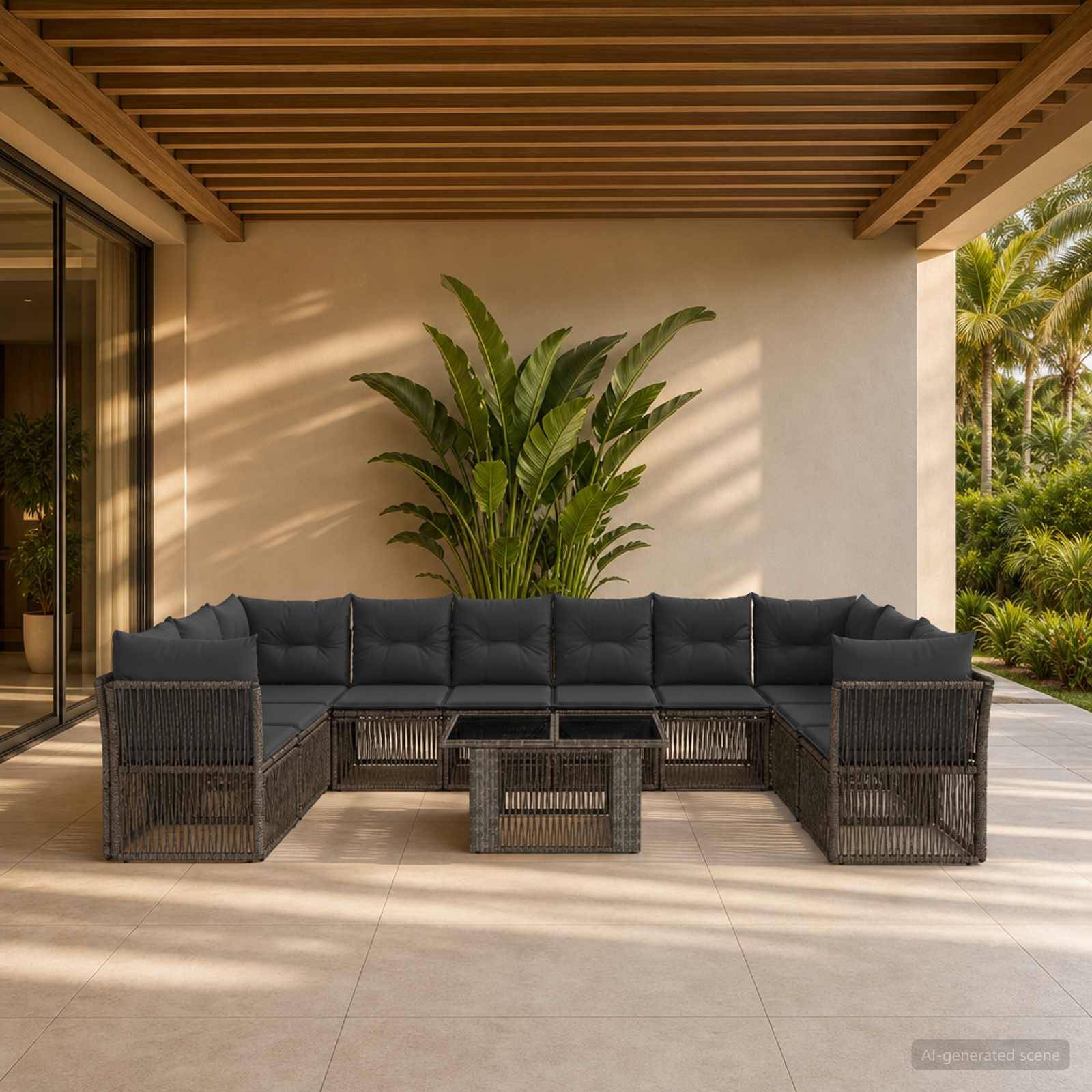Außenbereich mit dunkelgrauem Ecksofa, Couchtisch, Topfpflanze im tropischen Stil und Holzpergola mit Lamellen in einer modernen tropischen Umgebung.
