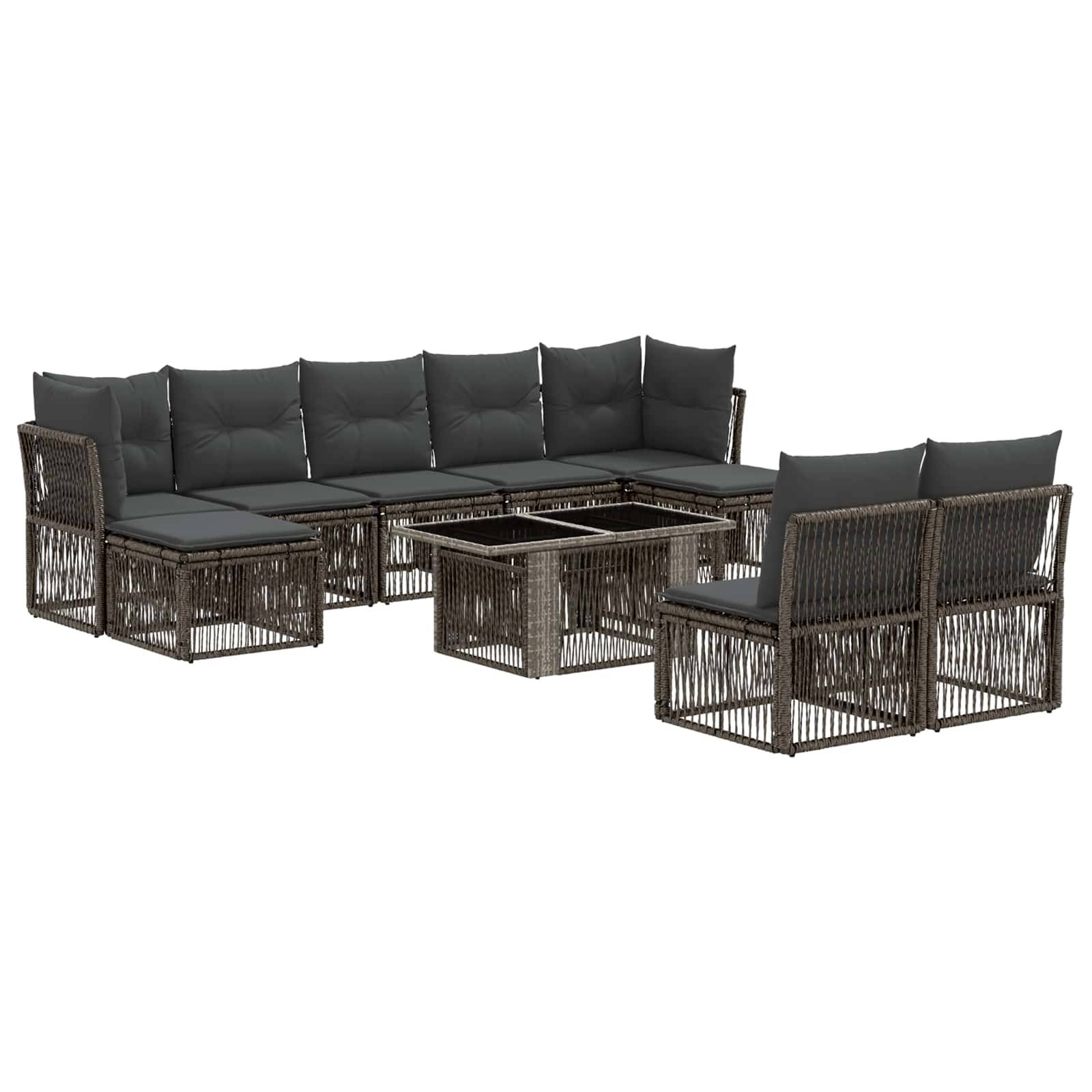 Outdoor-Wickel-Patios-Ecksofa-Set mit dunklen Kissen, Couchtisch, Ottomane und zwei passenden Stühlen auf weißem Hintergrund