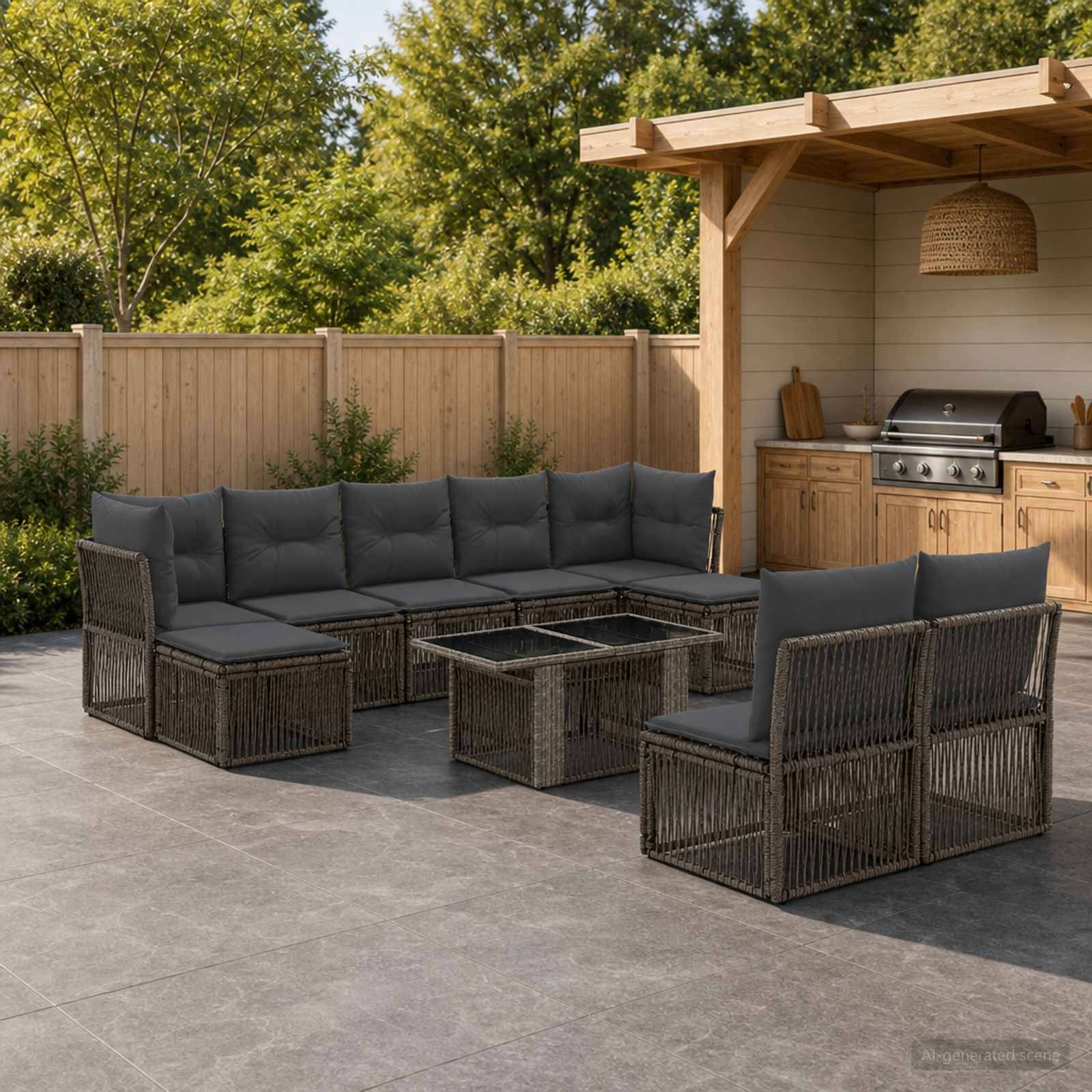 Außenterrasse mit dunklem Rattan-Ecksofa, Stühlen und Glastisch neben einem eingebauten Grill unter einer überdachten Pergola.