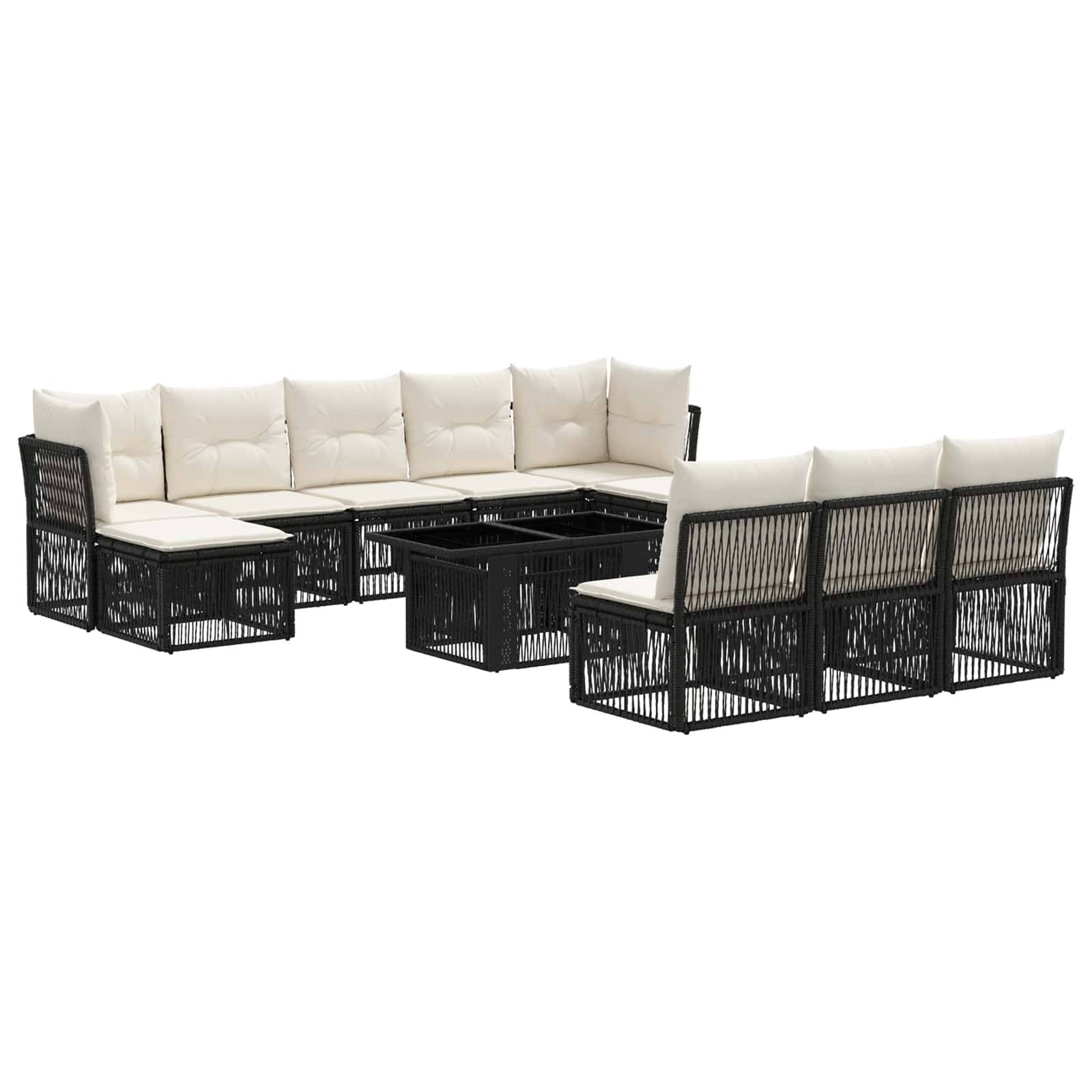 Modulares schwarzes Outdoor-Ecksofaset aus gewebtem Material mit beigen Kissen und zentralem Couchtisch auf weißem Hintergrund.