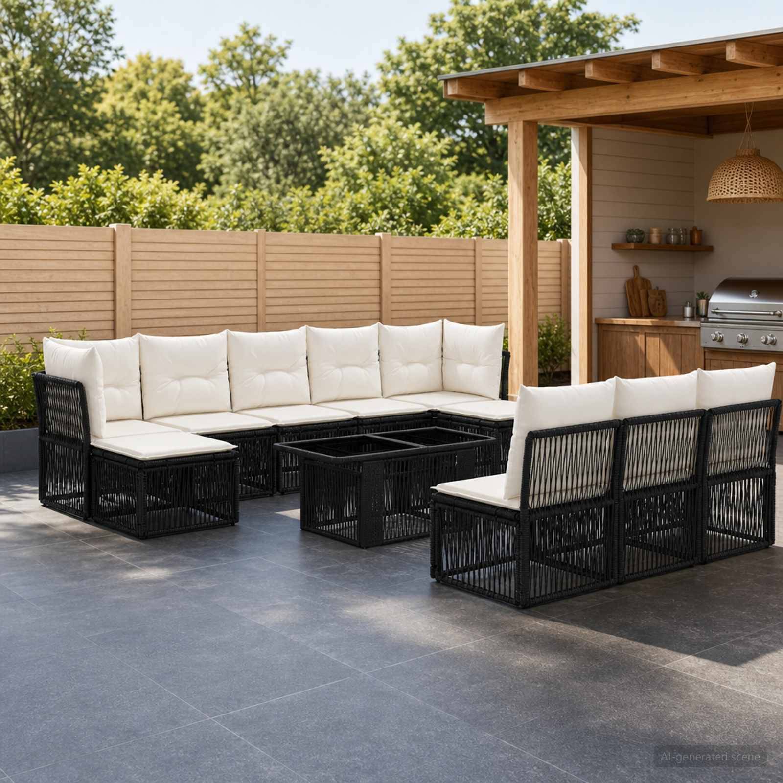 Außenbereich einer Terrasse mit schwarzen Flechtmöbeln in Ecksofa-Form, weißen Sitzkissen und einem zentralen Couchtisch neben einer überdachten Grillstation.