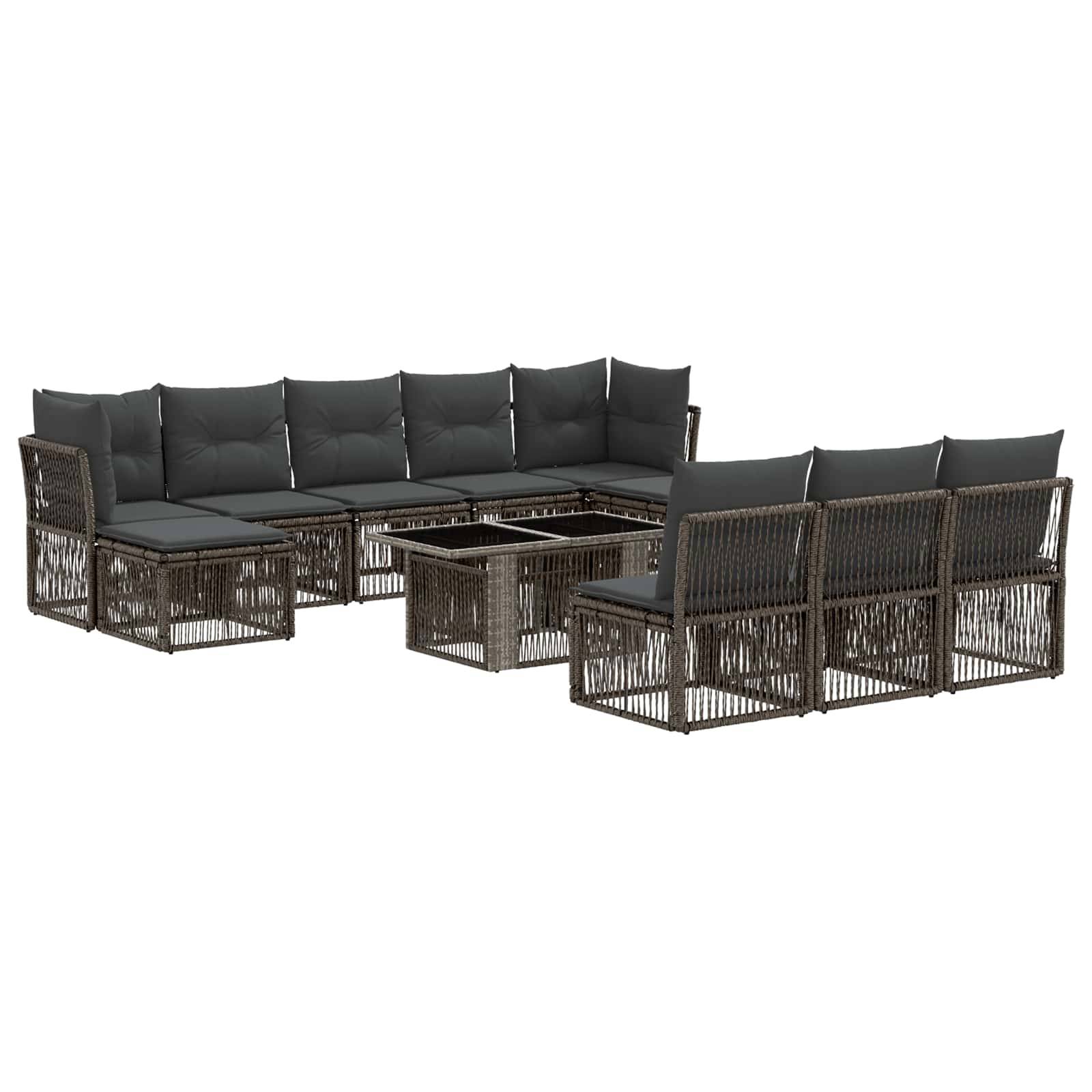 Braunes Rattan-Gartensitzmöbel-Set mit dunklen Polstern, bestehend aus Couchtischen und einem Sitzkissen auf weißem Hintergrund