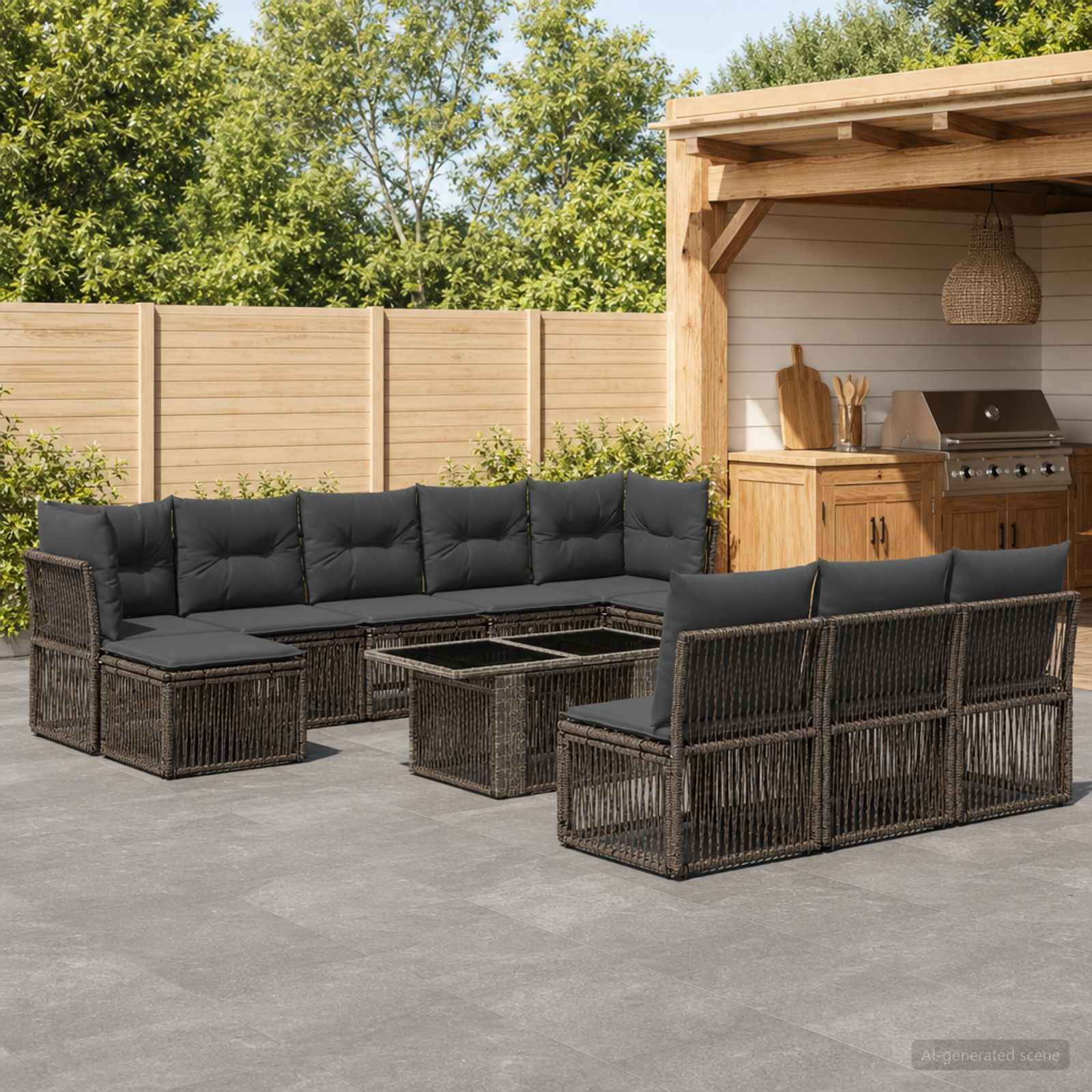 Gartenpaket im Freien mit dunklen geflochtenen Ecksofa-Sets, Couchtisch und einem Holzgrillunterstand in einem eingezäunten Hinterhof.