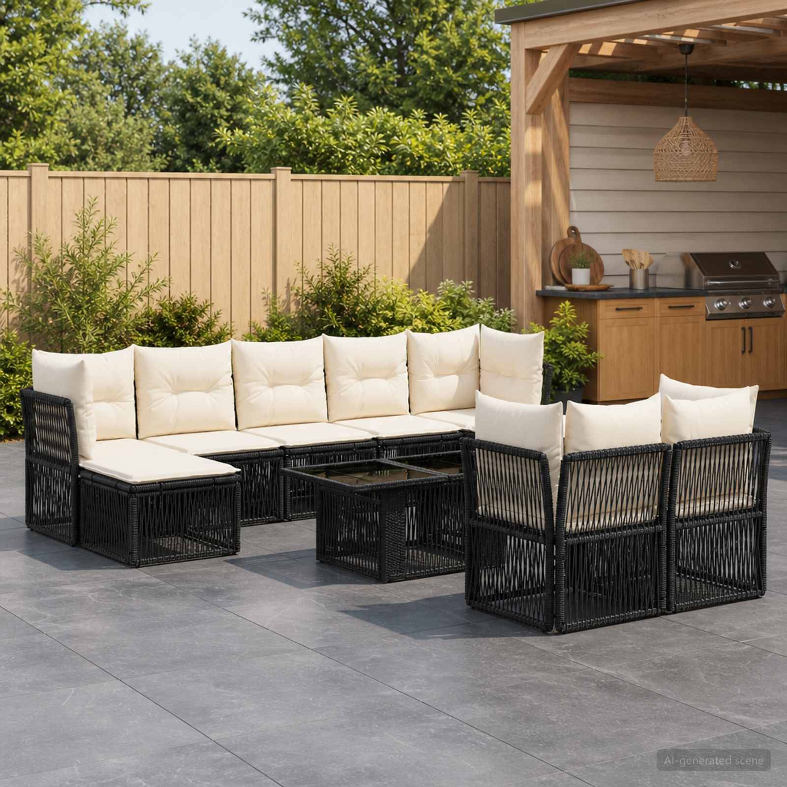 Outdoor-Sitzmöbelset mit schwarzem Rattan-Ecksofa, cremefarbenen Kissen und passendem Couchtisch neben einem Gartengrill und einer Pergola.