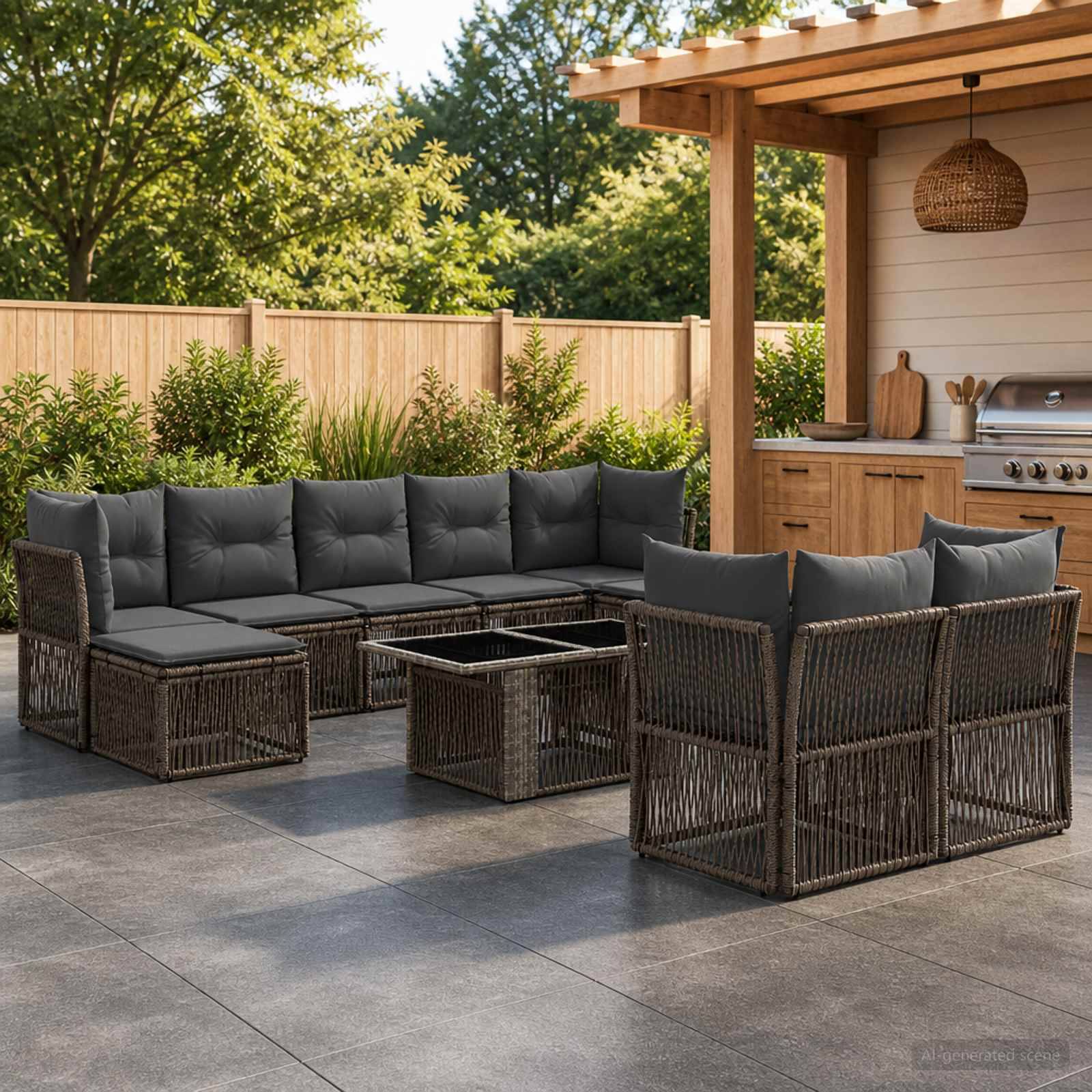 Outdoor-Terrassenbereich mit Rattan-Ecksofa, Couchtischen und einer Pergola neben einem eingebauten Grill und Holzzaun.