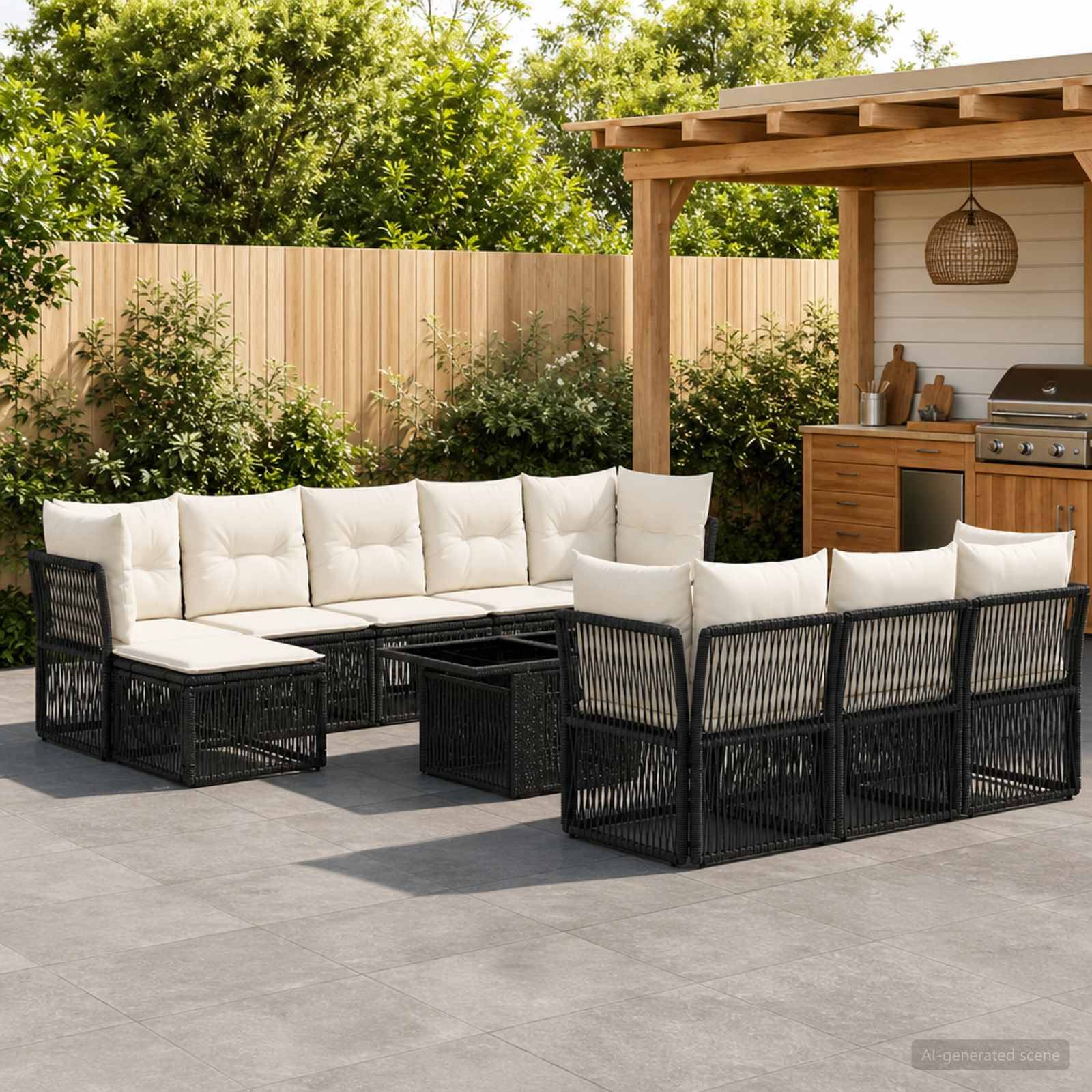 Terrasse im Freien mit schwarzer Rattan-Eckbestuhlung und cremefarbenen Kissen, die um einen Couchtisch herum arrangiert sind, neben einer Holz-Außenküche und einer Pergola.
