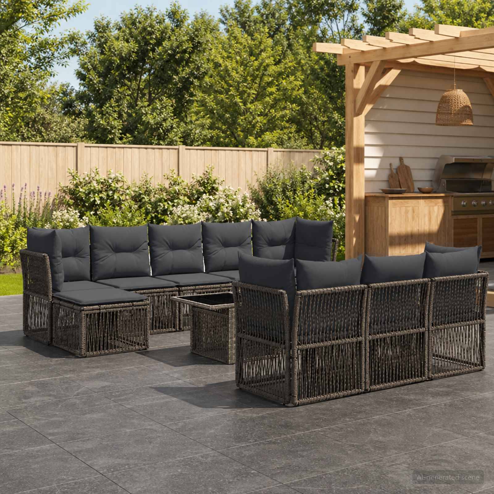 Außenbereich einer Terrasse mit dunklen Polyrattan-Ecksofen, einem Couchtisch und einer pergola-überdachten Bar neben einem Holzzaun und einem Garten.