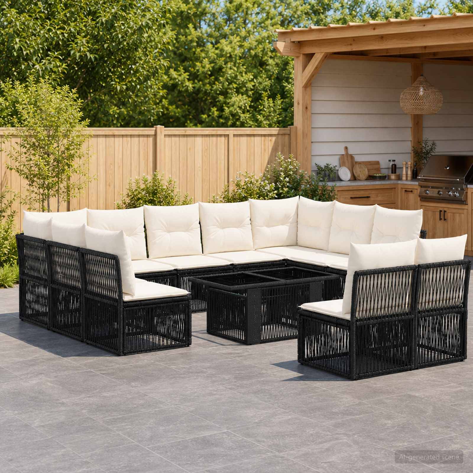 Outdoor-Sitzgarnitur mit schwarzem geflochtenem Ecksofa und weißen Kissen, angeordnet um einen quadratischen Couchtisch neben einer Pergola mit Gartenküche im Hinterhof.