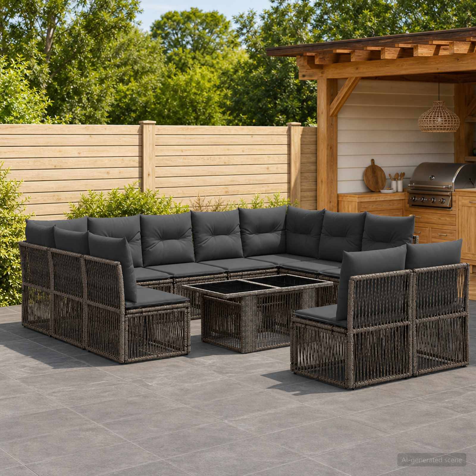 Outdoor-Terrassenmöbel-Set mit dunklem geflochtenem Ecksofa, passenden Stühlen und Glastisch-Couchtischen unter einer überdachten Gartenlaube.