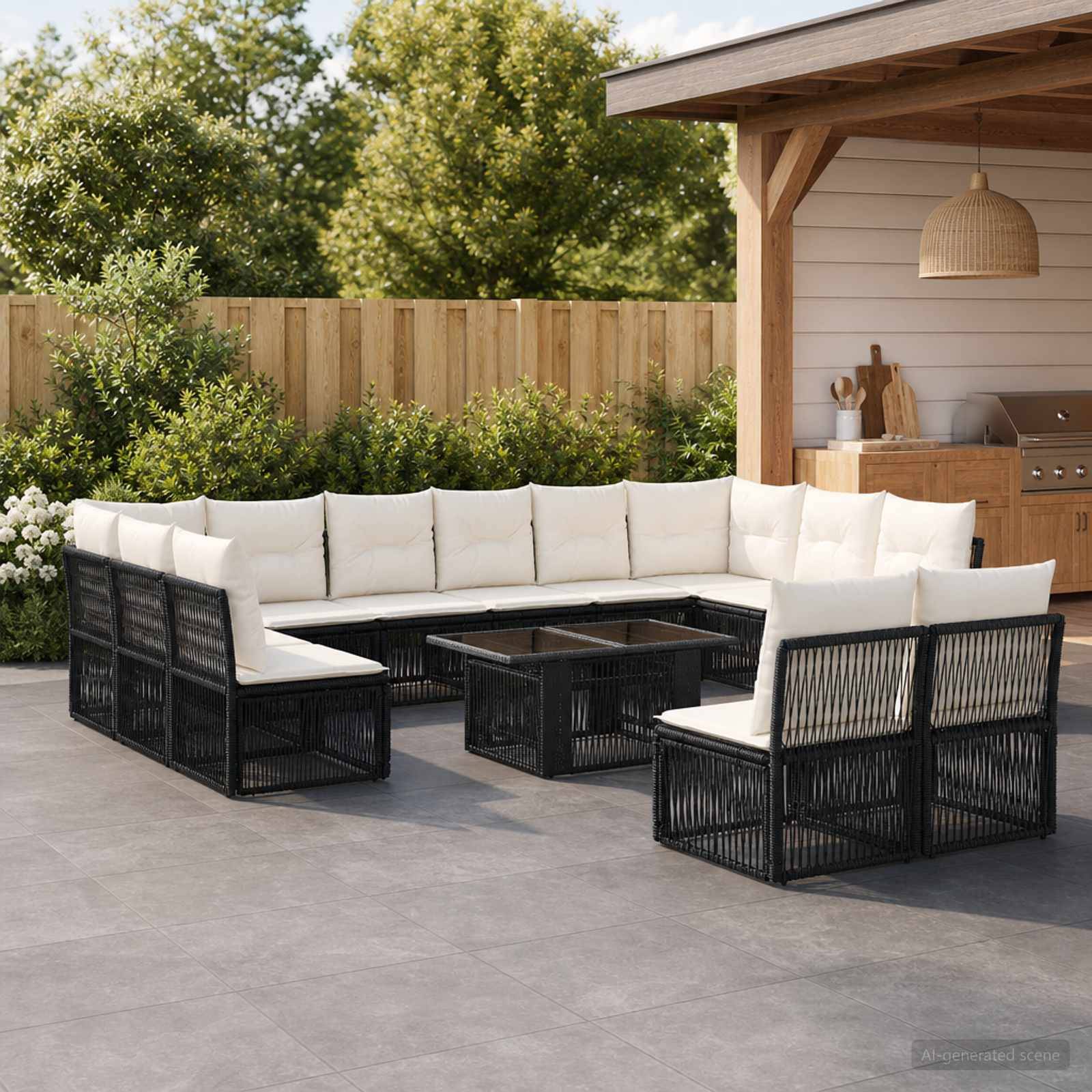 Außenbereich mit Sitzecke aus schwarzem Rattangeflecht in L-Form, weißen Kissen und passenden Couchtischen neben einer Holzpergola und einem Zaun.