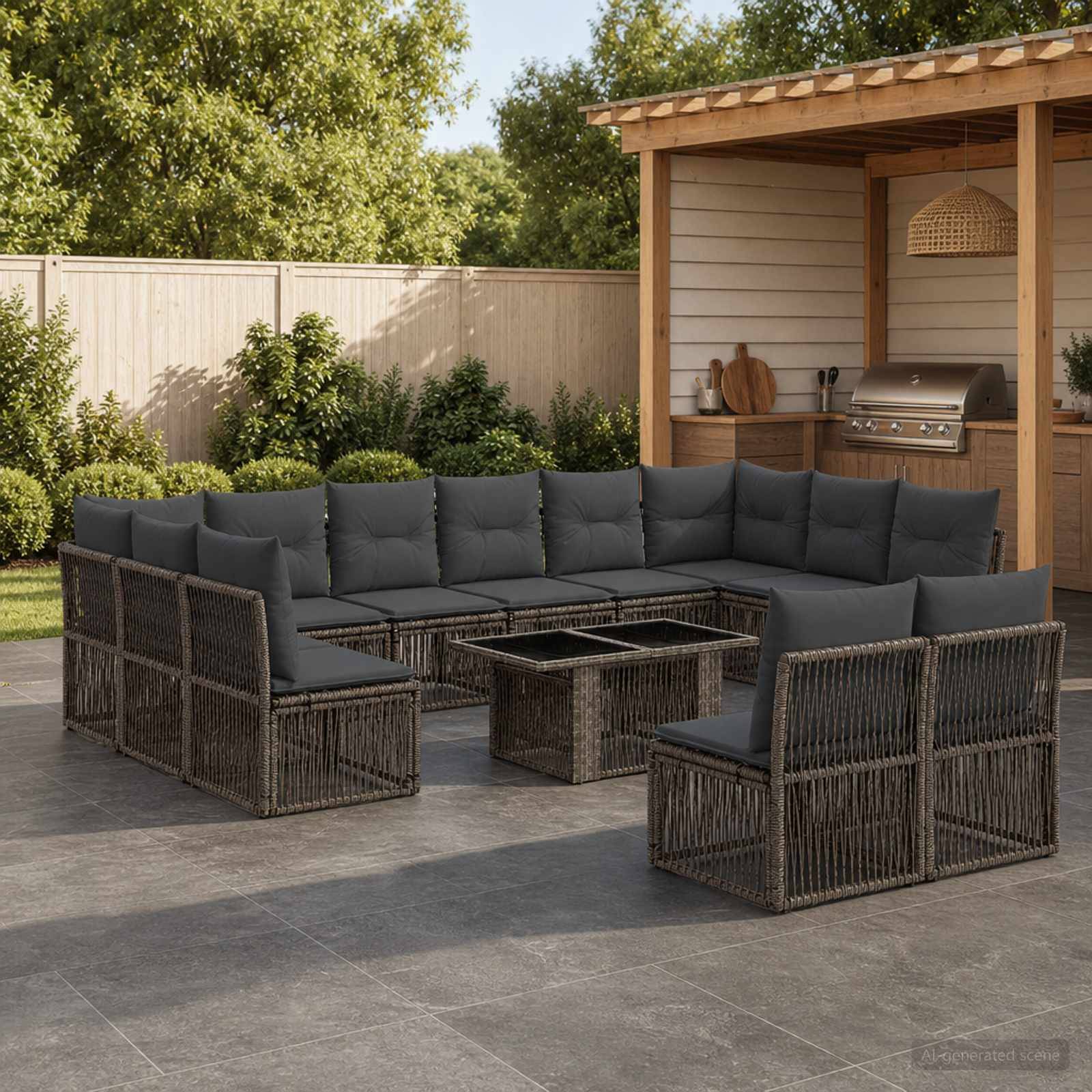 Outdoor-Sitzbereich auf der Terrasse mit dunklem Rattan-Lounge-Sofa und passenden Stühlen rund um einen Glastisch neben einem Gartengrill-Pavillon im Hinterhof.