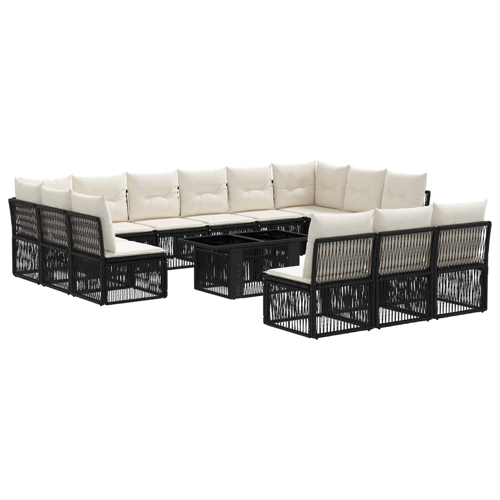 L-förmiges Gartensektional-Sofaset mit schwarzen Flechtrahmen, beigen Kissen und passendem zentralem Tisch auf weißem Hintergrund.