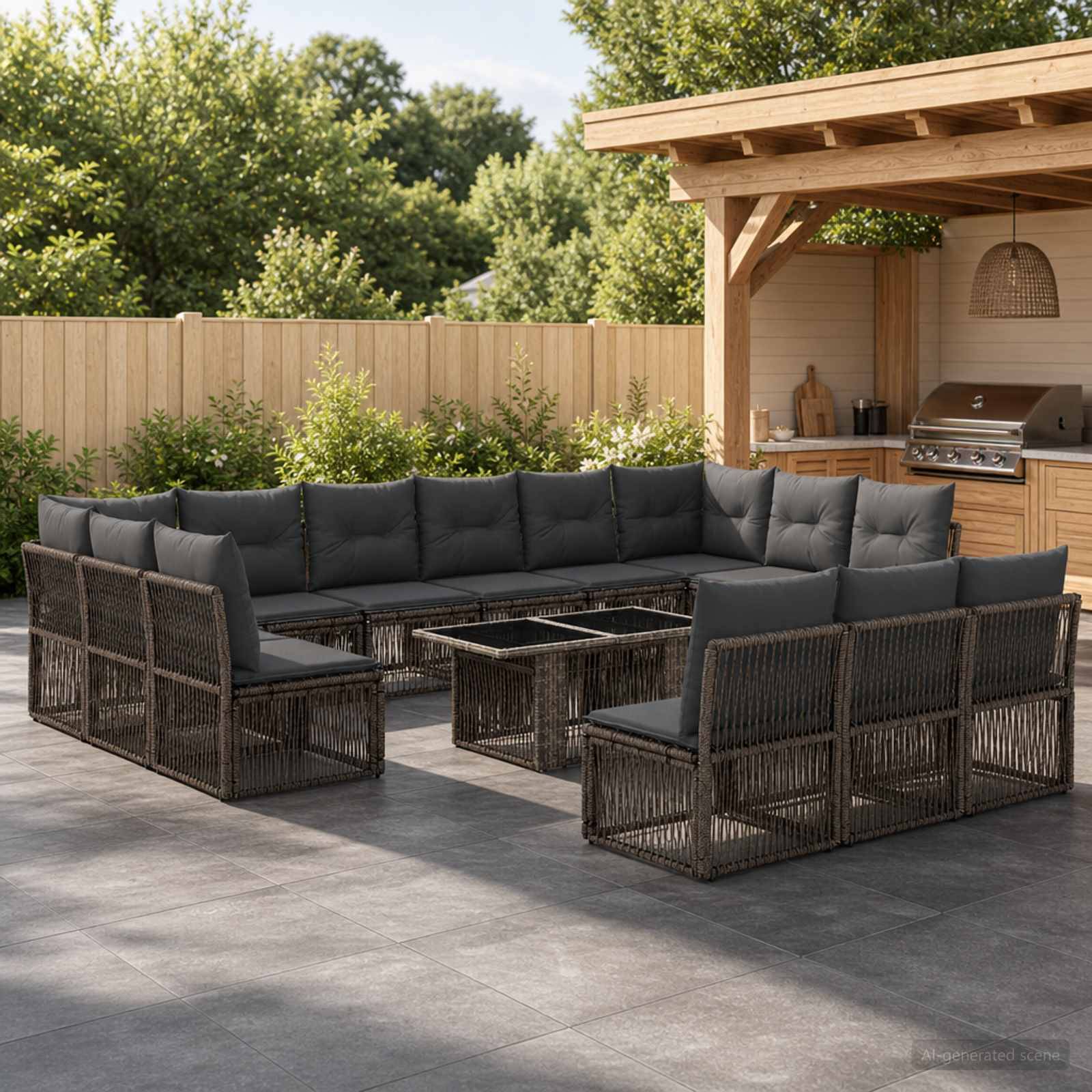 Outdoor-Terrassenbereich mit dunklen Rattan-Ecksofa und passendem Couchtisch neben einer überdachten Grillstation.