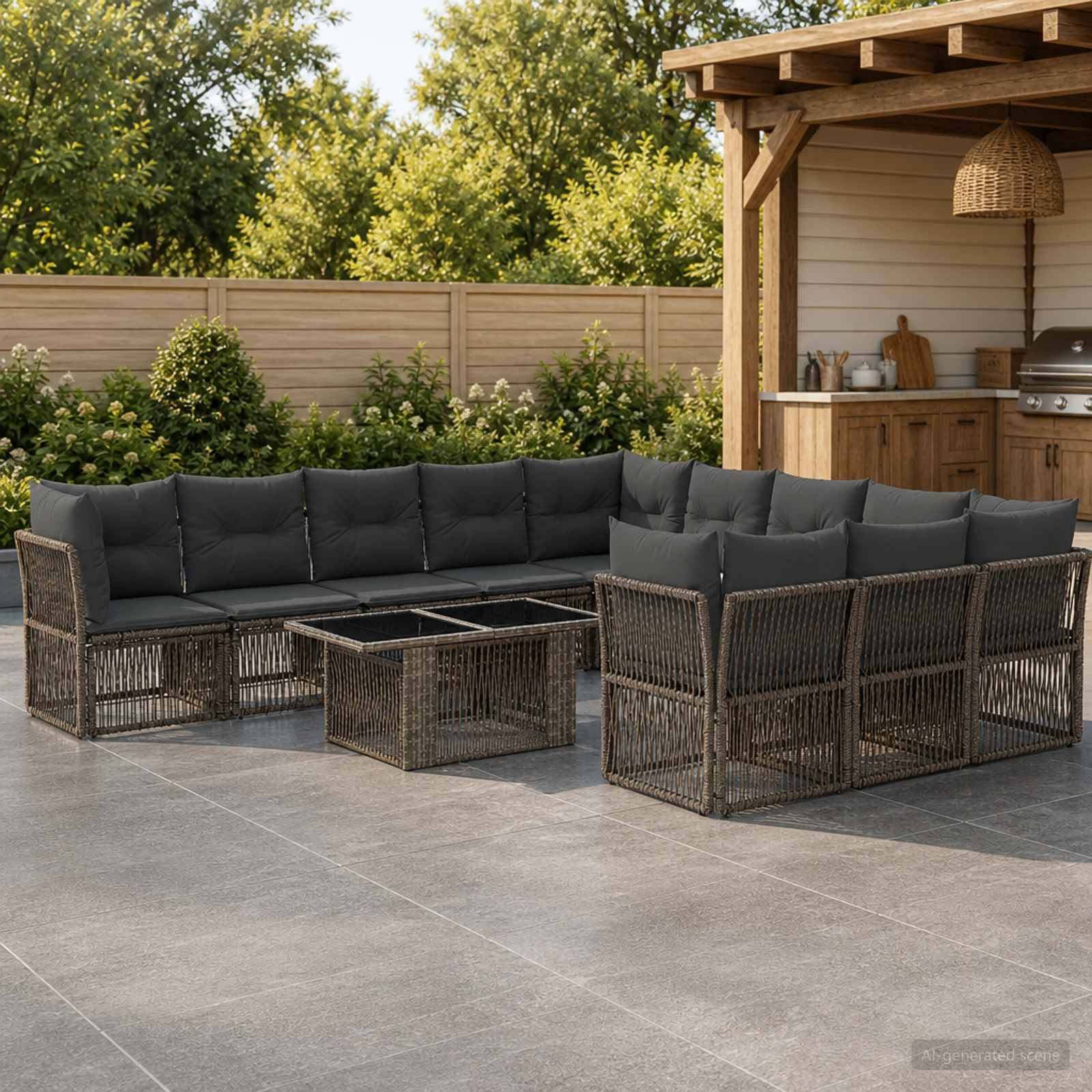 Outdoor-Terrassensitzgarnitur mit Rattan-Ecksofa, dunklen Kissen und passendem Couchtisch neben einem Außenbarbereich im Garten.