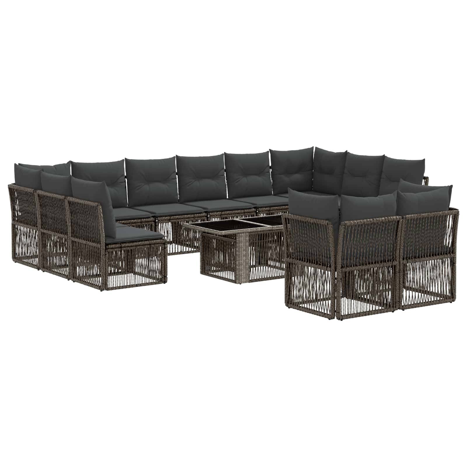 Modulares Outdoor-Loungemöbel-Set mit dunklen Kissen, geflochtenem braunem Rahmen und passendem quadratischem Couchtisch auf weißem Hintergrund