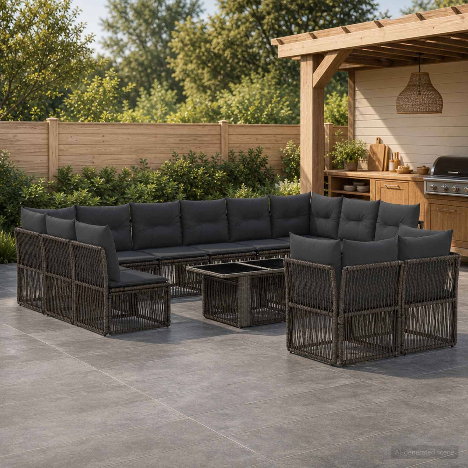 Terrassensitzgruppe mit dunklem Rattansektional, Sesseln und Couchtisch neben einem überdachten Grill- und Barbereich.