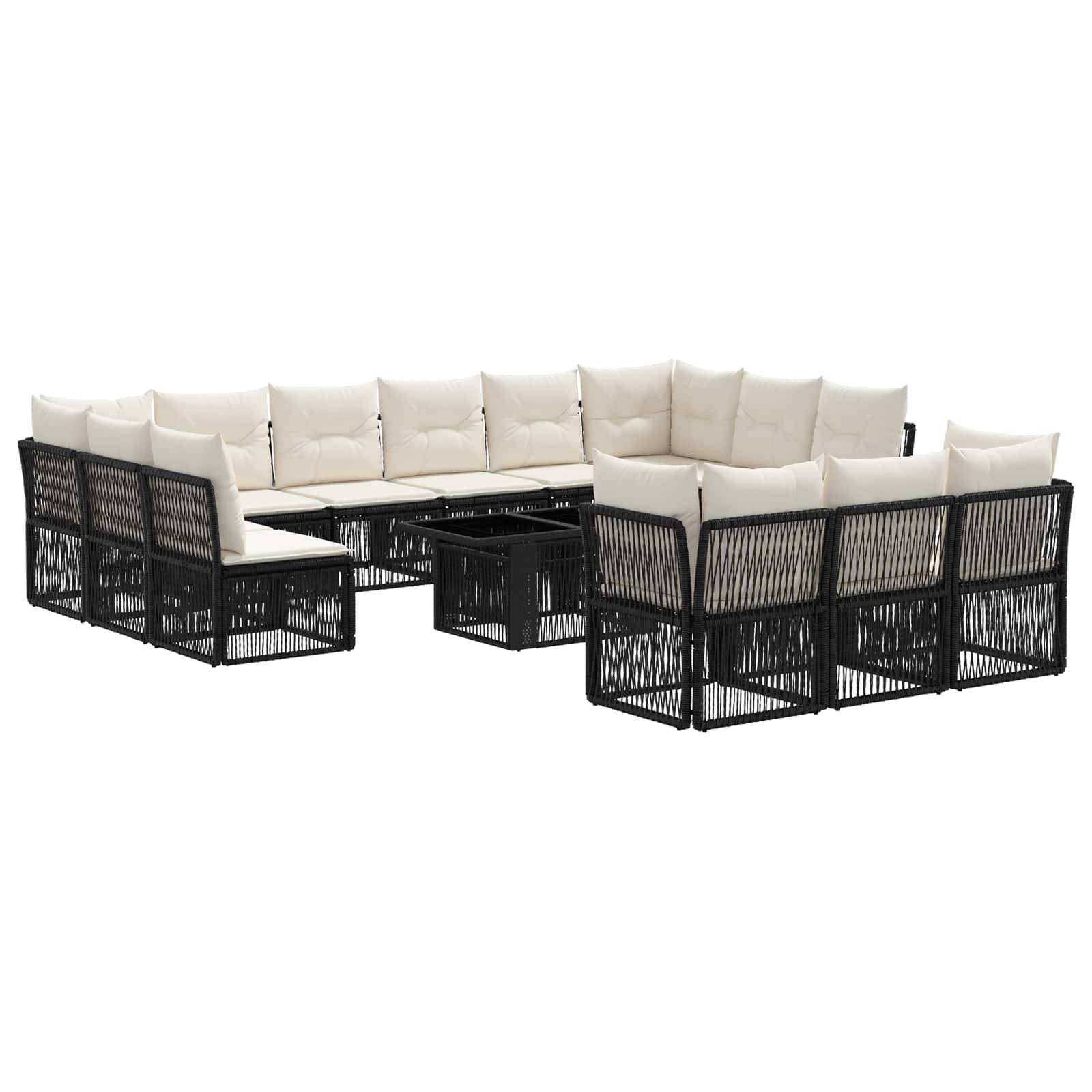 Outdoor-Patio-Ecksofa-Set mit schwarzen geflochtenen Rahmen und weißen Kissen, in U-Form angeordnet mit passendem Couchtisch.