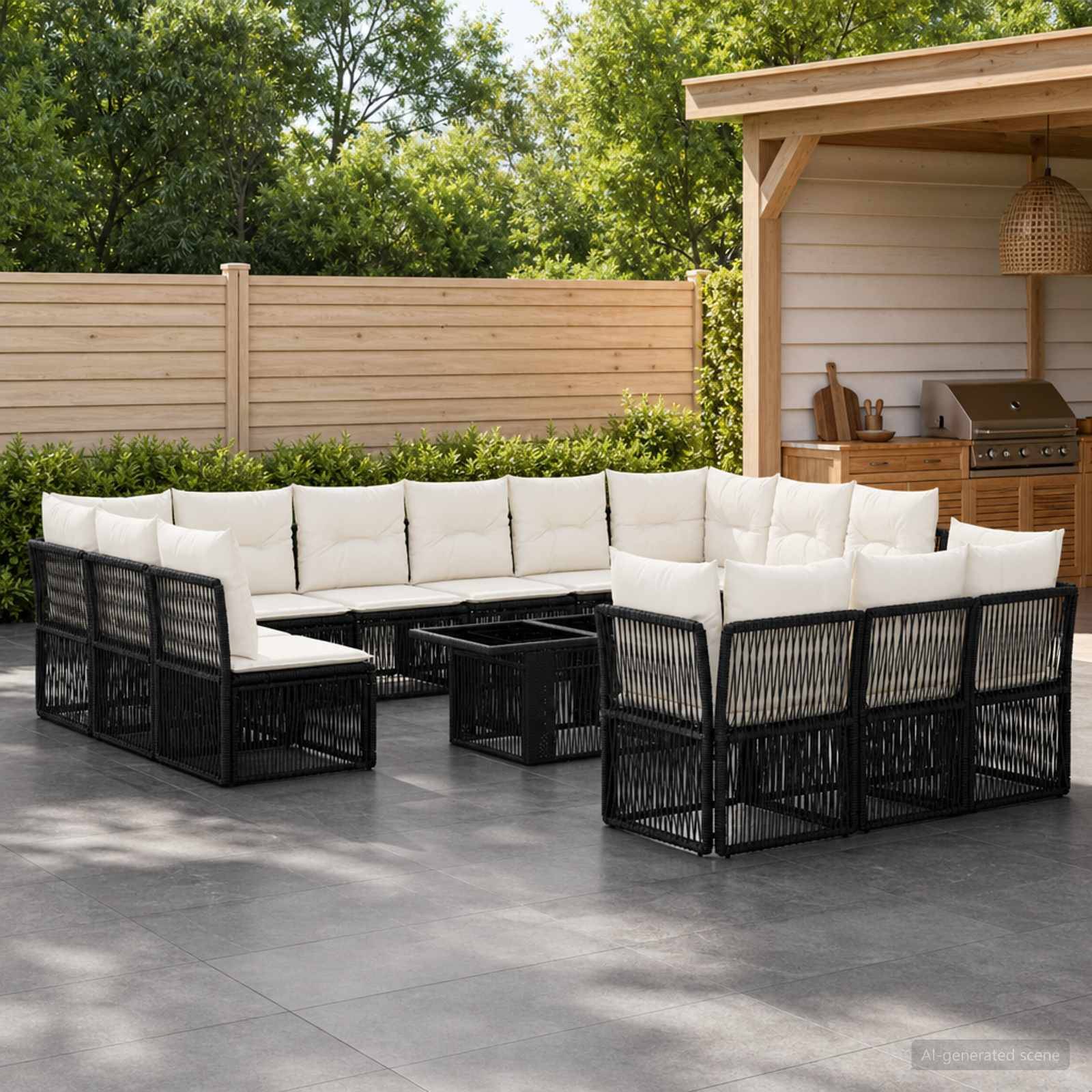 Outdoor-Terrassenbereich mit schwarzem Rattan-Ecksofa und weißen Kissen um einen niedrigen Tisch neben einer überdachten Grillstation und einem Holzzaun.