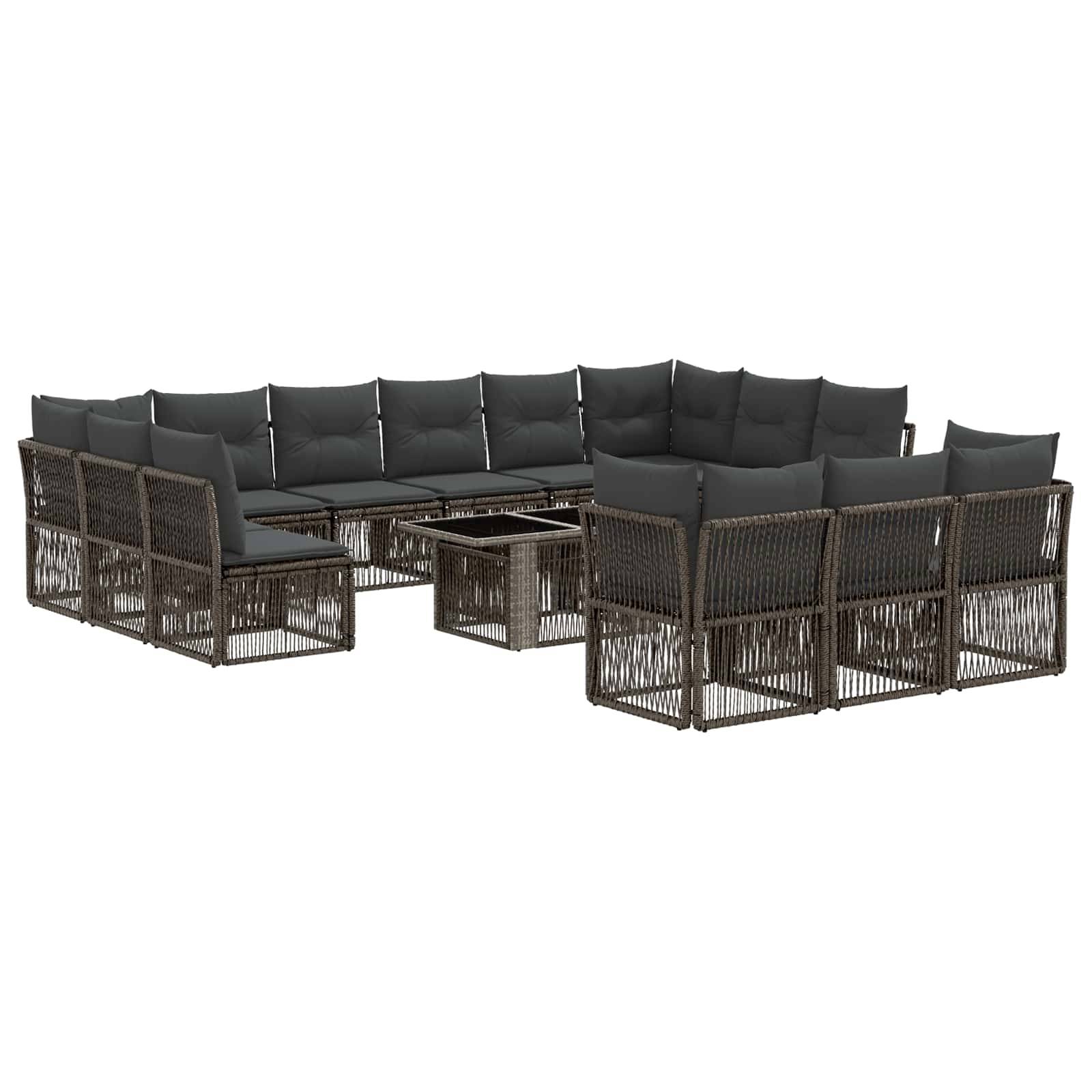 Braunes Rattan-Outdoor-Ecksofa-Gartenmöbelset mit dunklen Kissen und passendem Couchtisch auf weißem Hintergrund