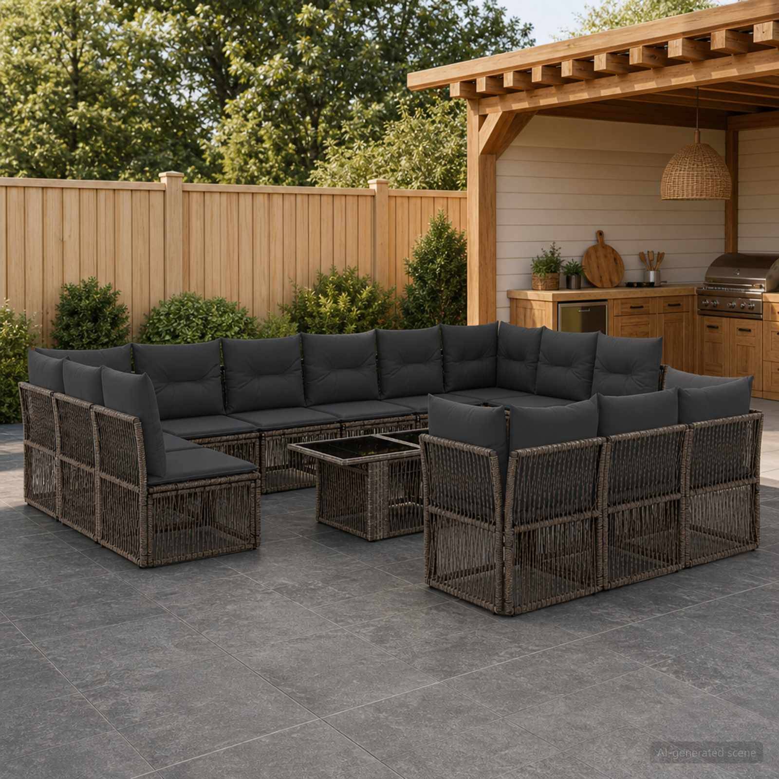 Outdoor-Terrasse mit dunklem Rattan-Ecksofa-Set um einen Glaskaffeetisch neben einer überdachten Außenküche und einem Holzzaun.