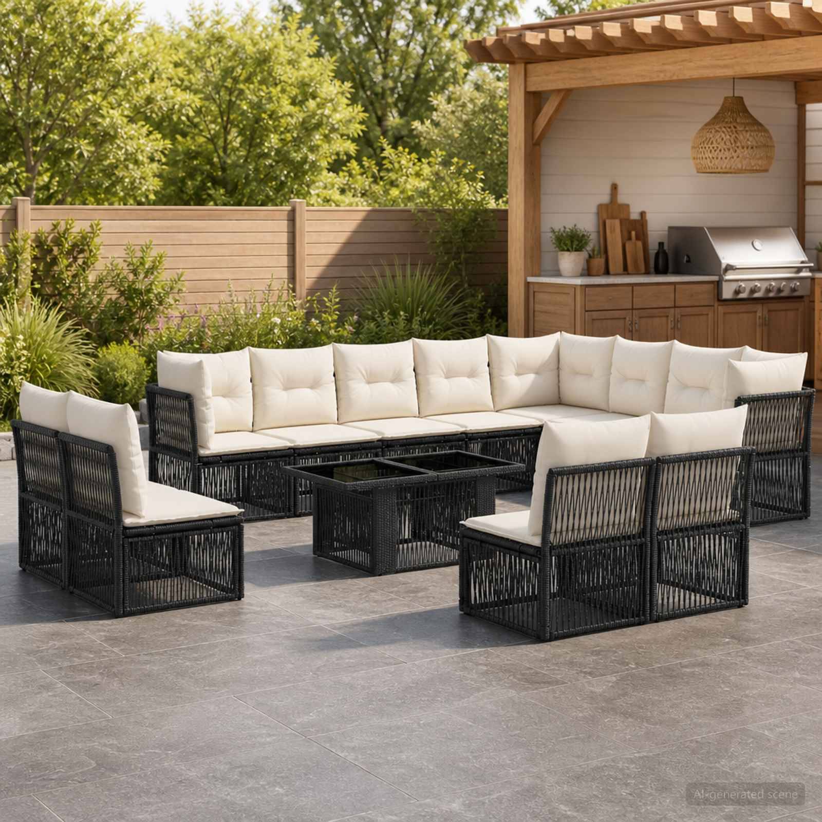 Outdoor-Terrassenmöbelset mit schwarzen Rattansofas in Schnittform, cremefarbenen Kissen und einem Glastisch neben einem Grillbereich im Hinterhof.