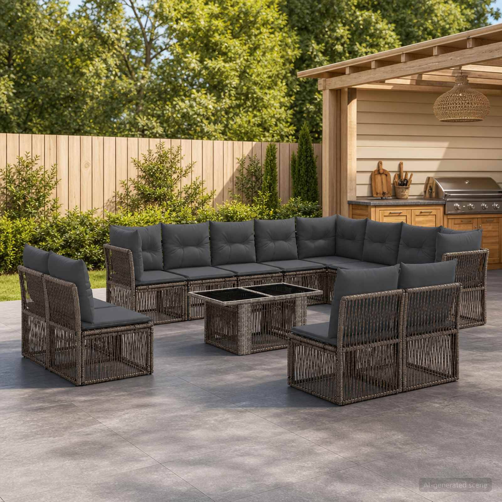 Terrassensitzbereich im Freien mit dunklem Korbgeflecht-Ecksofa, Couchtisch und Stühlen neben einer Holzpergola und Hofzaun.