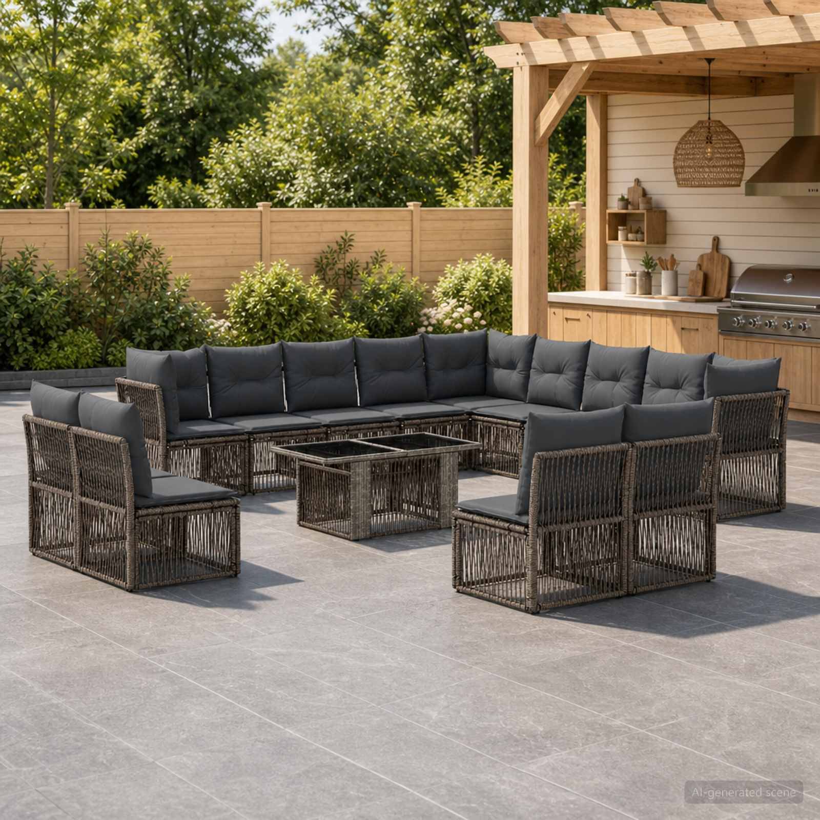Outdoor-Terrasse mit grauer Rattaneckbank, passenden Sesseln und Couchtisch neben einer Holz-Pergola mit Außenküche in einem gestalteten Hinterhof.
