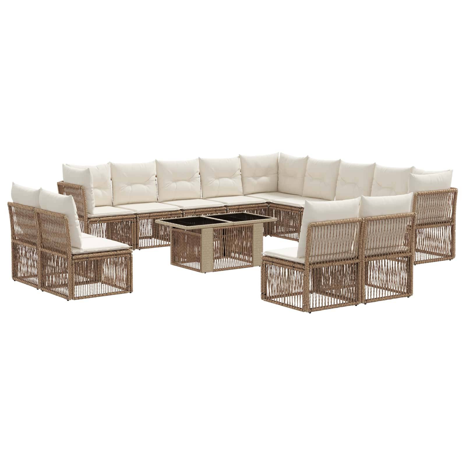 Modulares Outdoor-Sitzmöbel-Set mit Rattan-ähnlichen Rahmen, weißen Polstern und passendem quadratischen Couchtisch auf weißem Hintergrund.