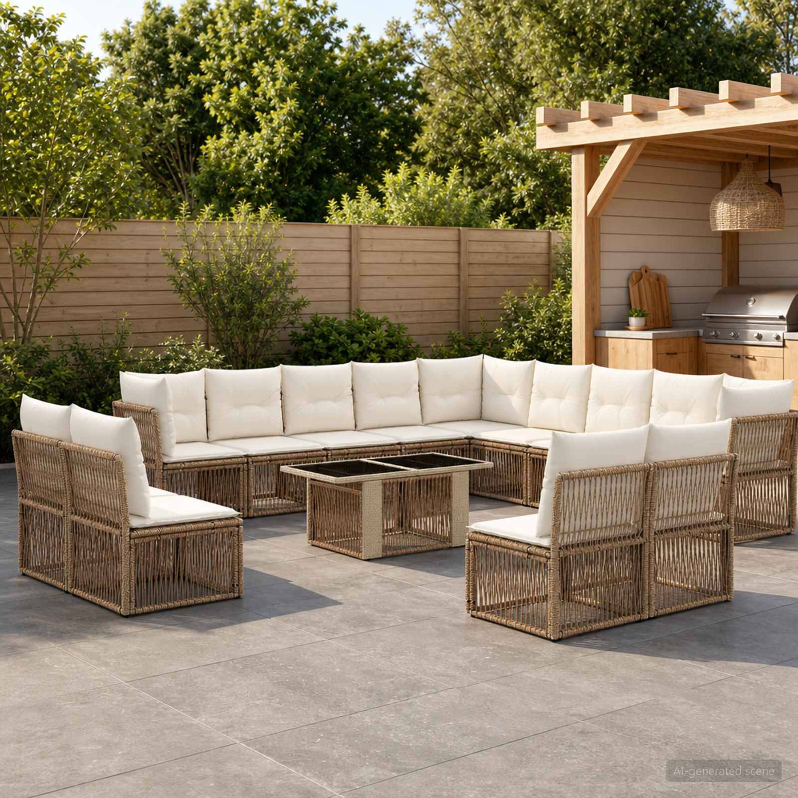 Outdoor-Terrasse mit einem L-förmigen Korb-Ecksofa, zwei Sesseln und einem quadratischen Couchtisch neben einem Grill-Pavillon im Hinterhof und einem Zaun.