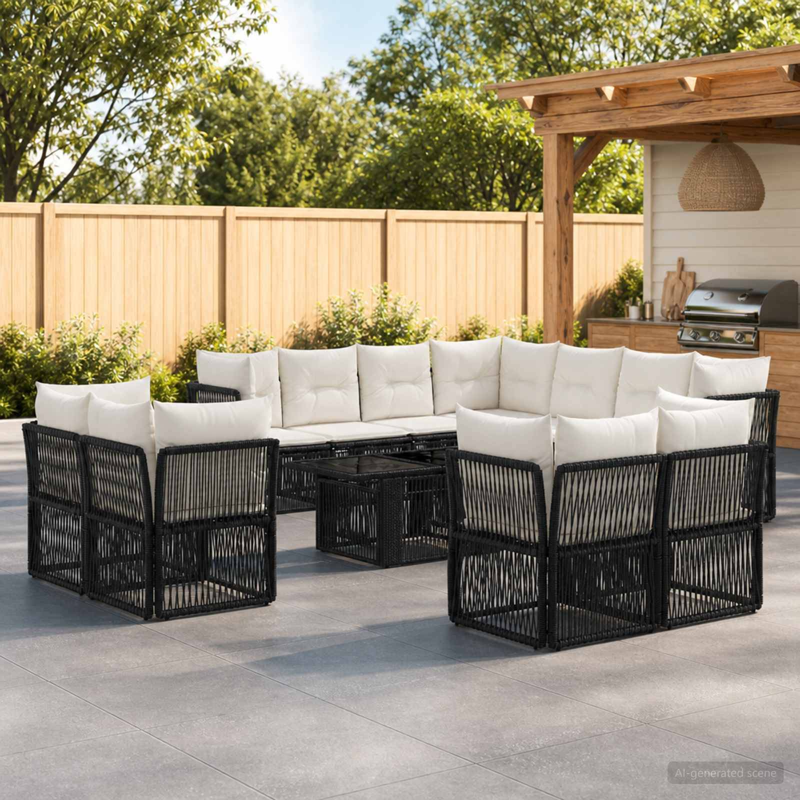 Terrasse im Freien mit schwarzem Korbsektionalsofa und weißen Kissen, die um einen niedrigen Couchtisch angeordnet sind, neben einer Pergola und einem Grill in einem eingezäunten Hinterhof.