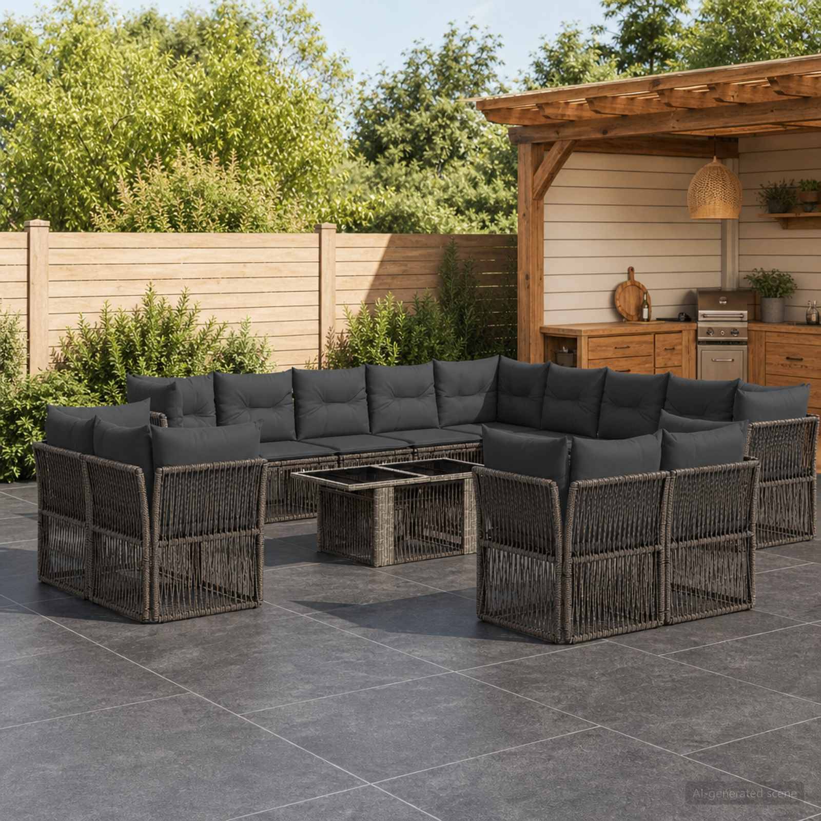 Outdoor-Terrasse mit schwarzem Rattan-L-förmigen Ecksofa um einen niedrigen Tisch herum, neben einer Holz-Gartenlaube und einer Außenküche.