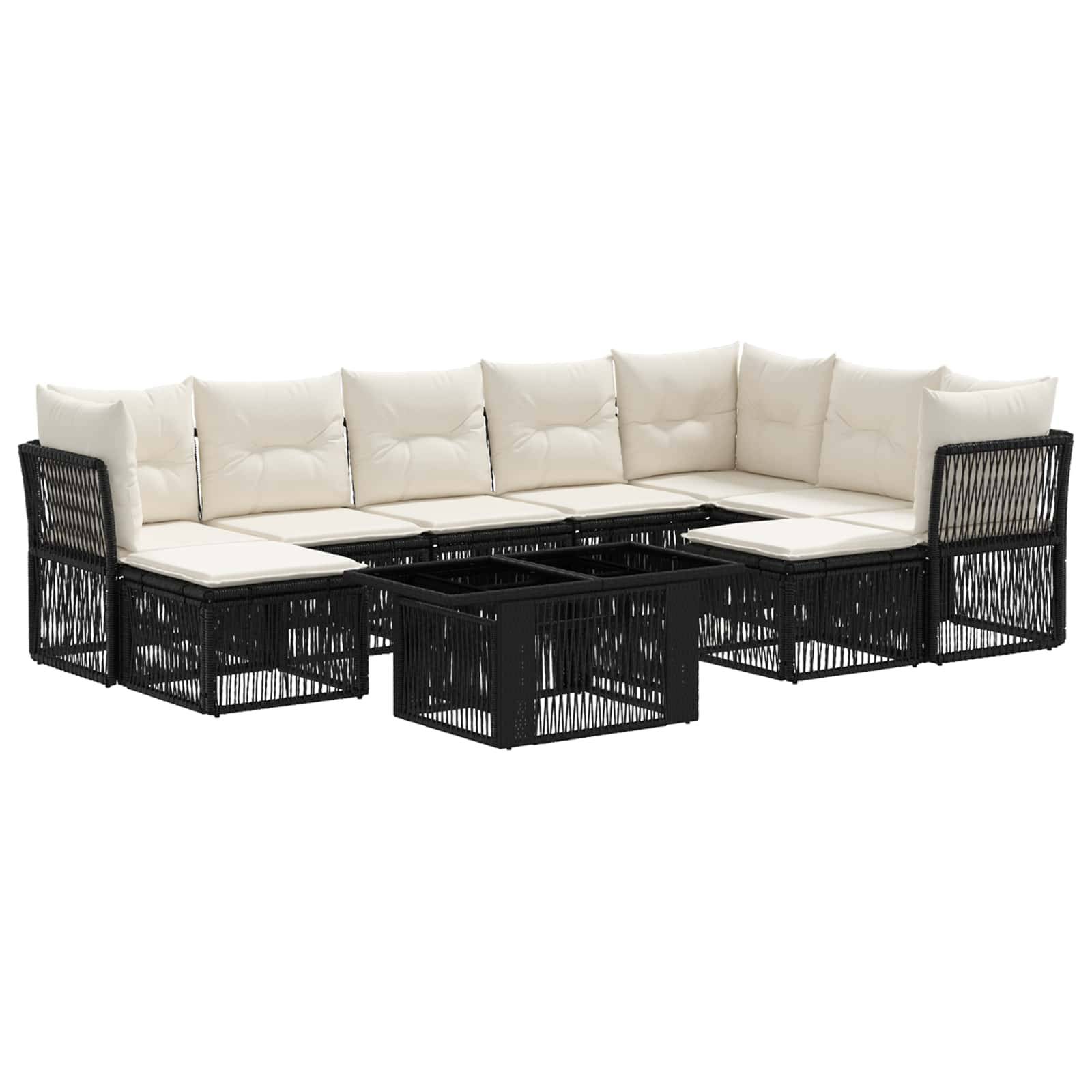 Schwarzes geflochtenes Outdoor-Loungeset mit cremefarbenen Kissen und passendem quadratischem Couchtisch auf weißem Hintergrund.