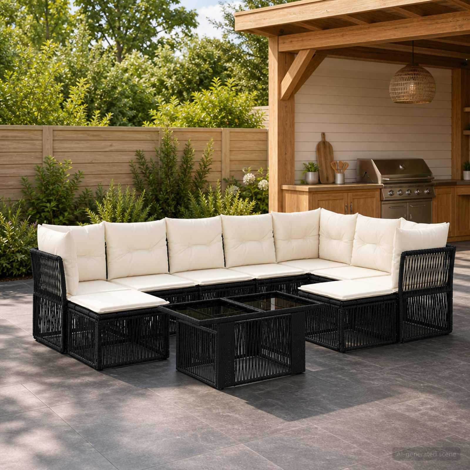 Schwarzes Flechtwerk-Außensektionalsofa mit weißen Kissen um einen quadratischen Glastisch auf einer Terrasse, neben einem Grillunterstand im Garten.